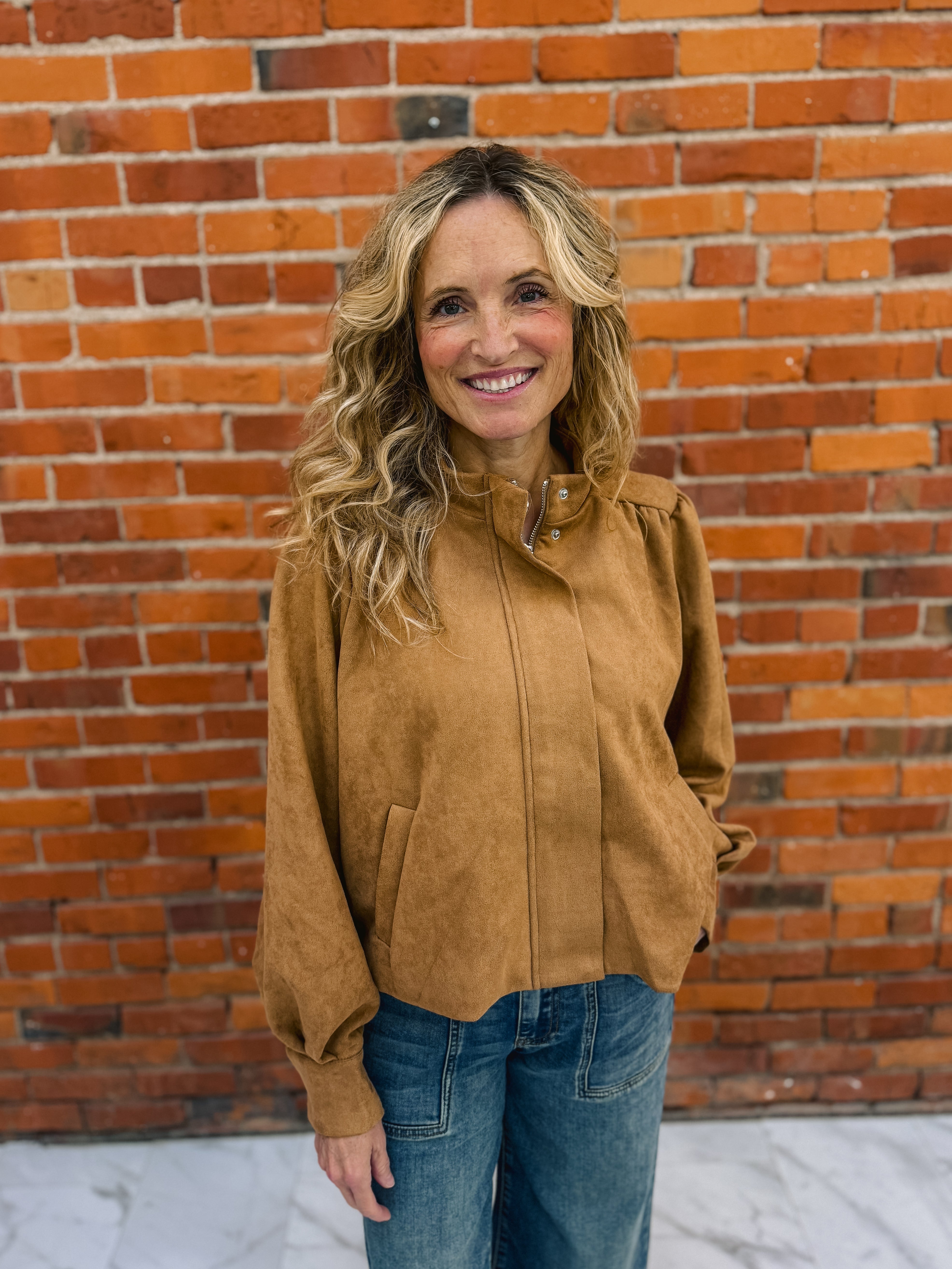 Suede Mock Neck Zip Up Jacket