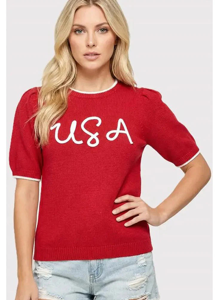 USA Embroidered Short Sleeve Sweater