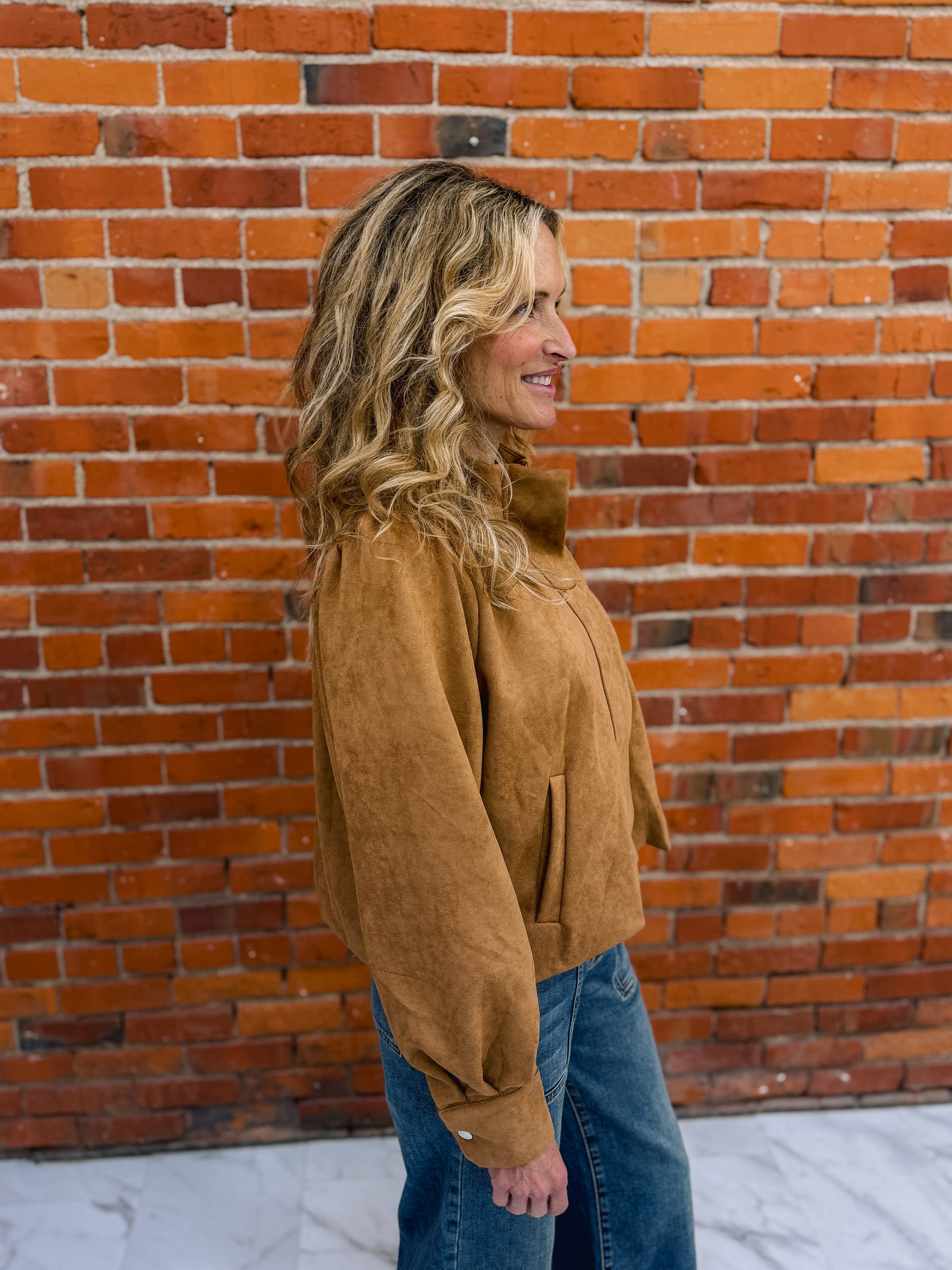 Suede Mock Neck Zip Up Jacket