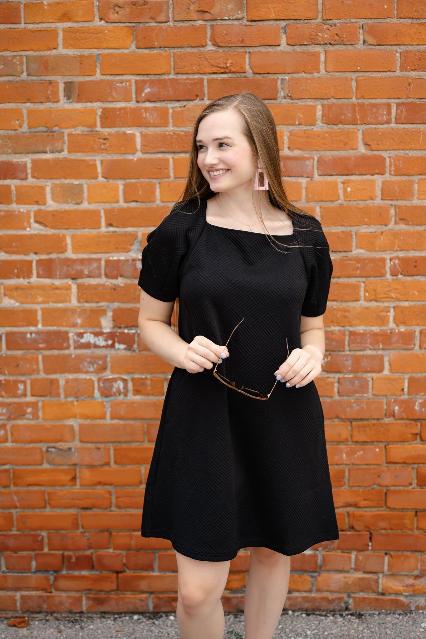 Textured Bubble Sleeve Dress - Black