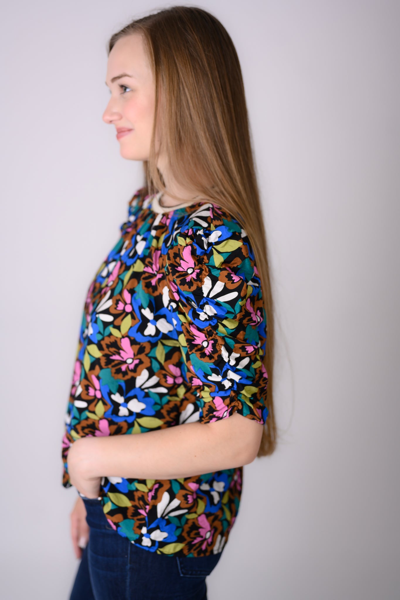 Ruched Sleeve Floral Top
