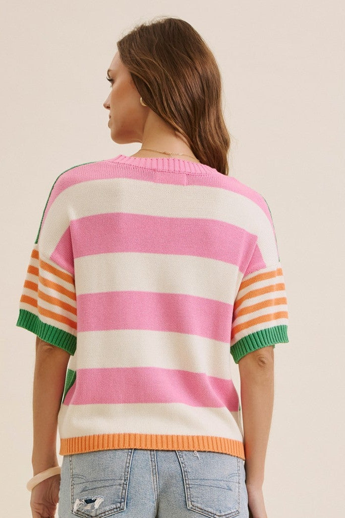 Multi Stripe Short Sleeve Sweater