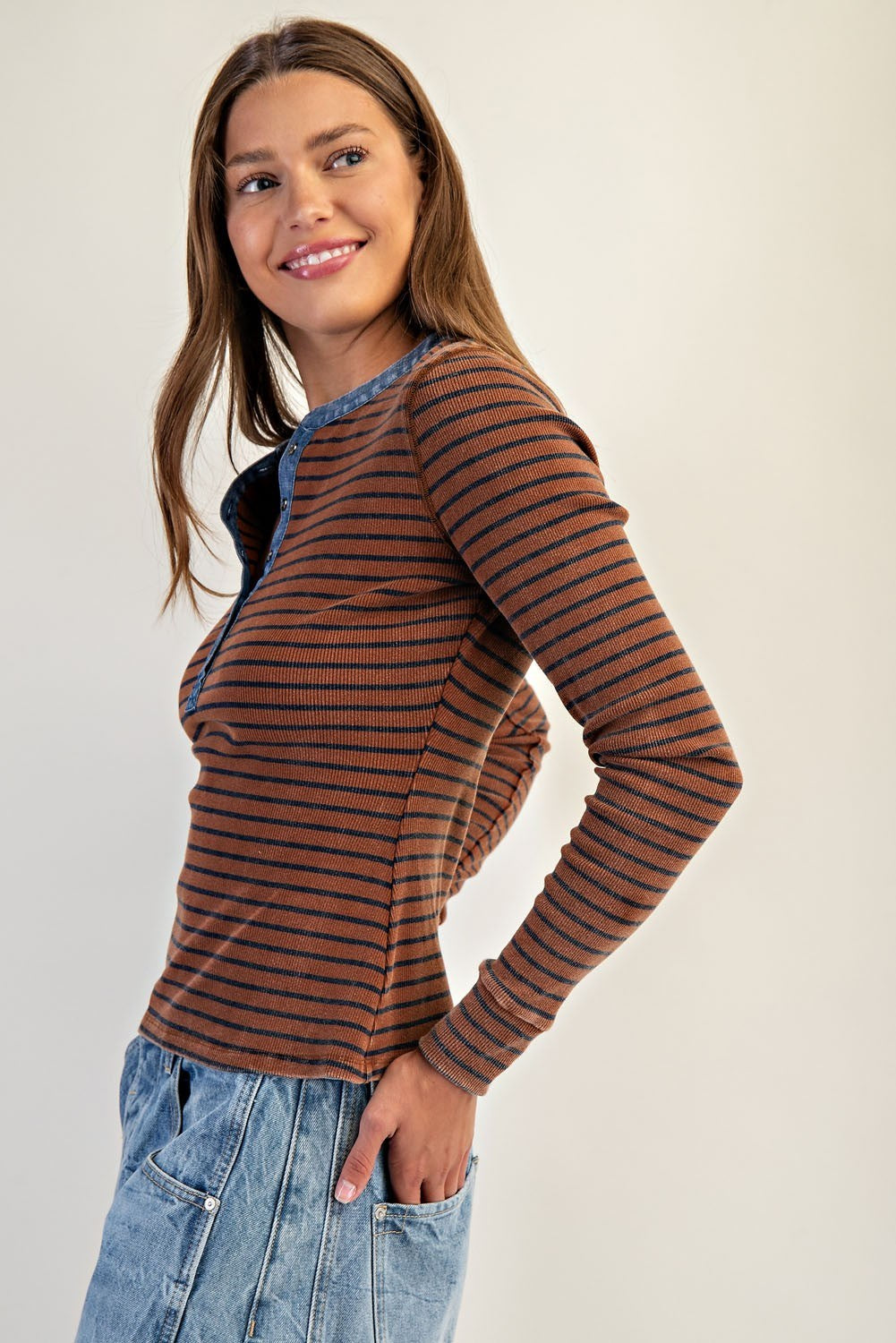 Striped Denim Trim Button Top