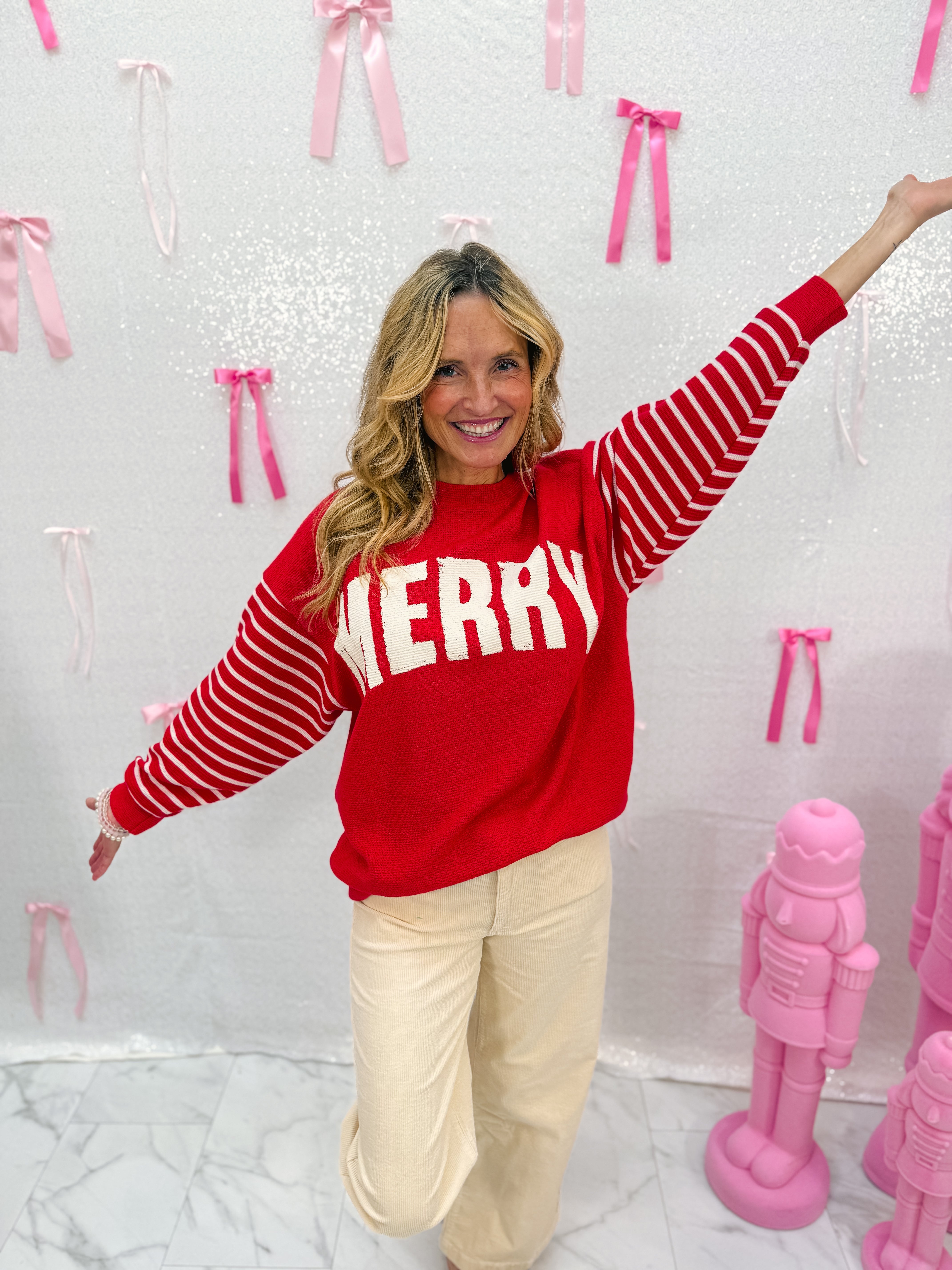 Merry Cloudy Knit Stripe Sleeve Candy Cane Top