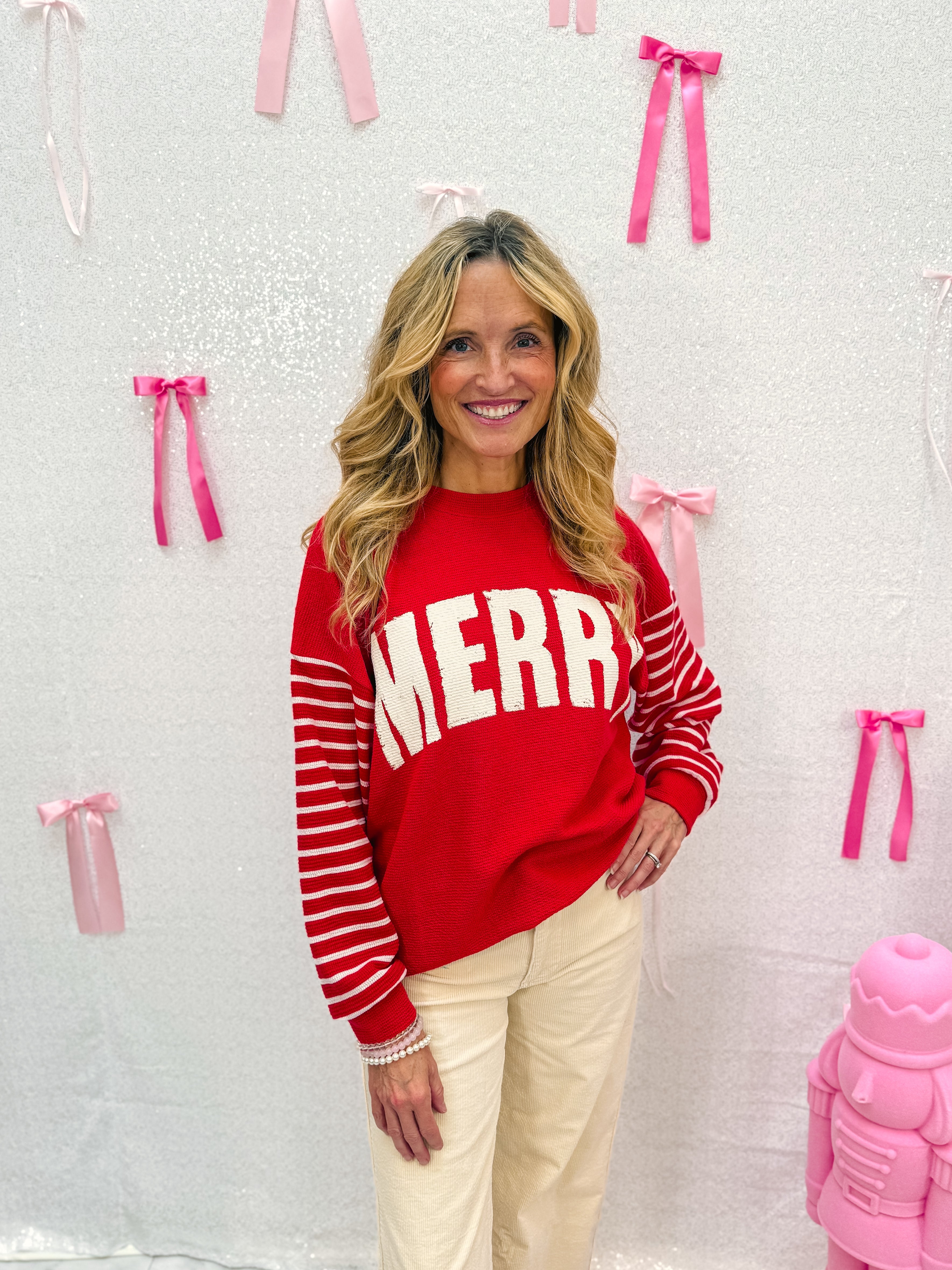 Merry Cloudy Knit Stripe Sleeve Candy Cane Top