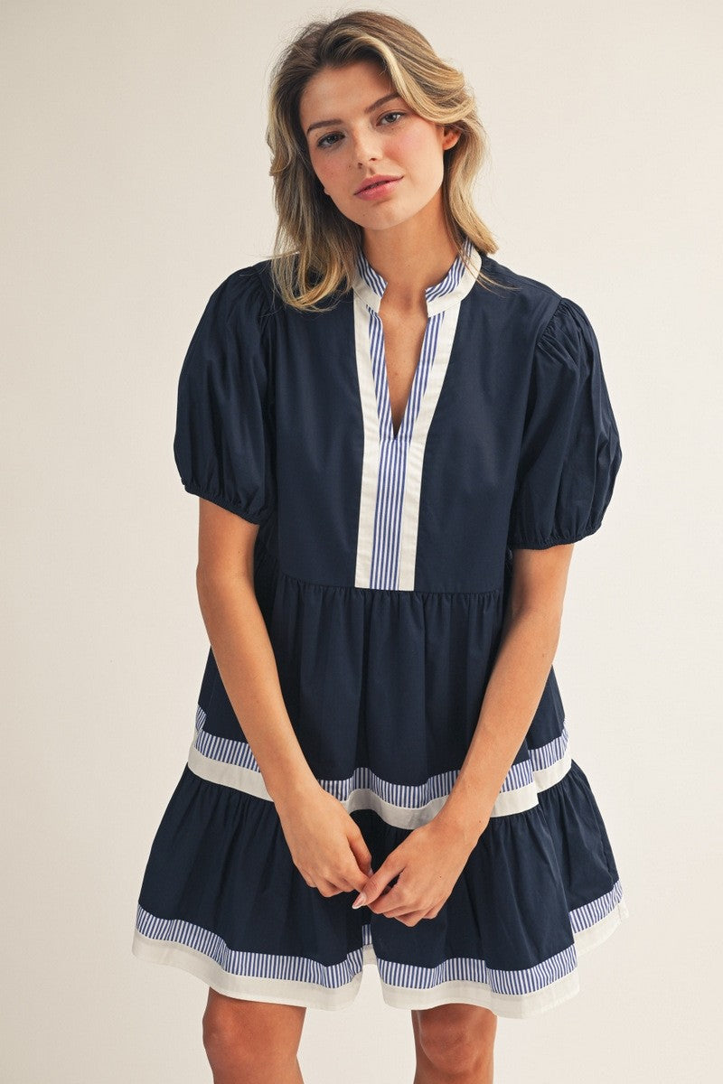 Tiered Stripe Puff Sleeve Mini Dress
