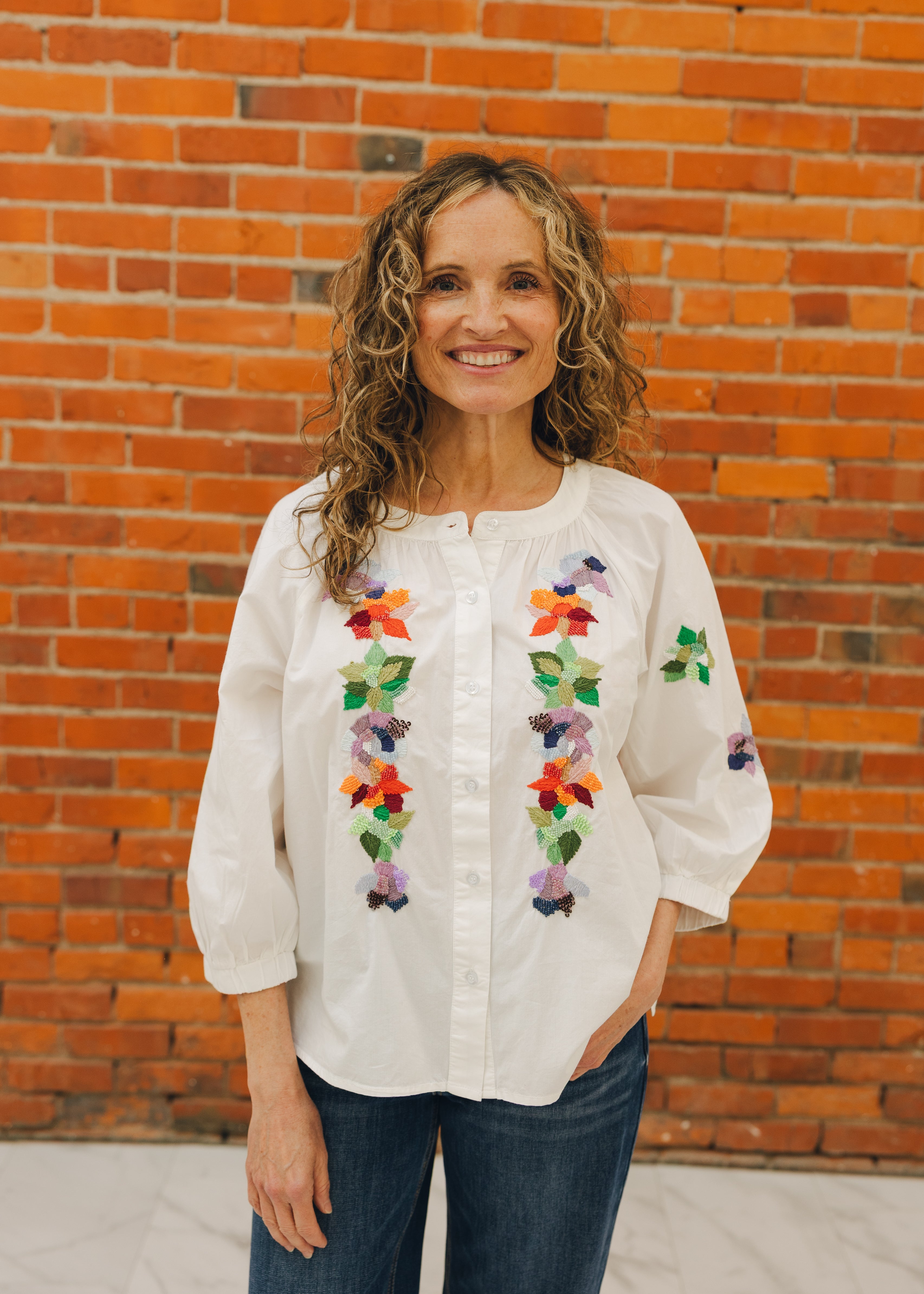Tribal 3/4 Sleeve Button Front Blouse W/ Embroidery