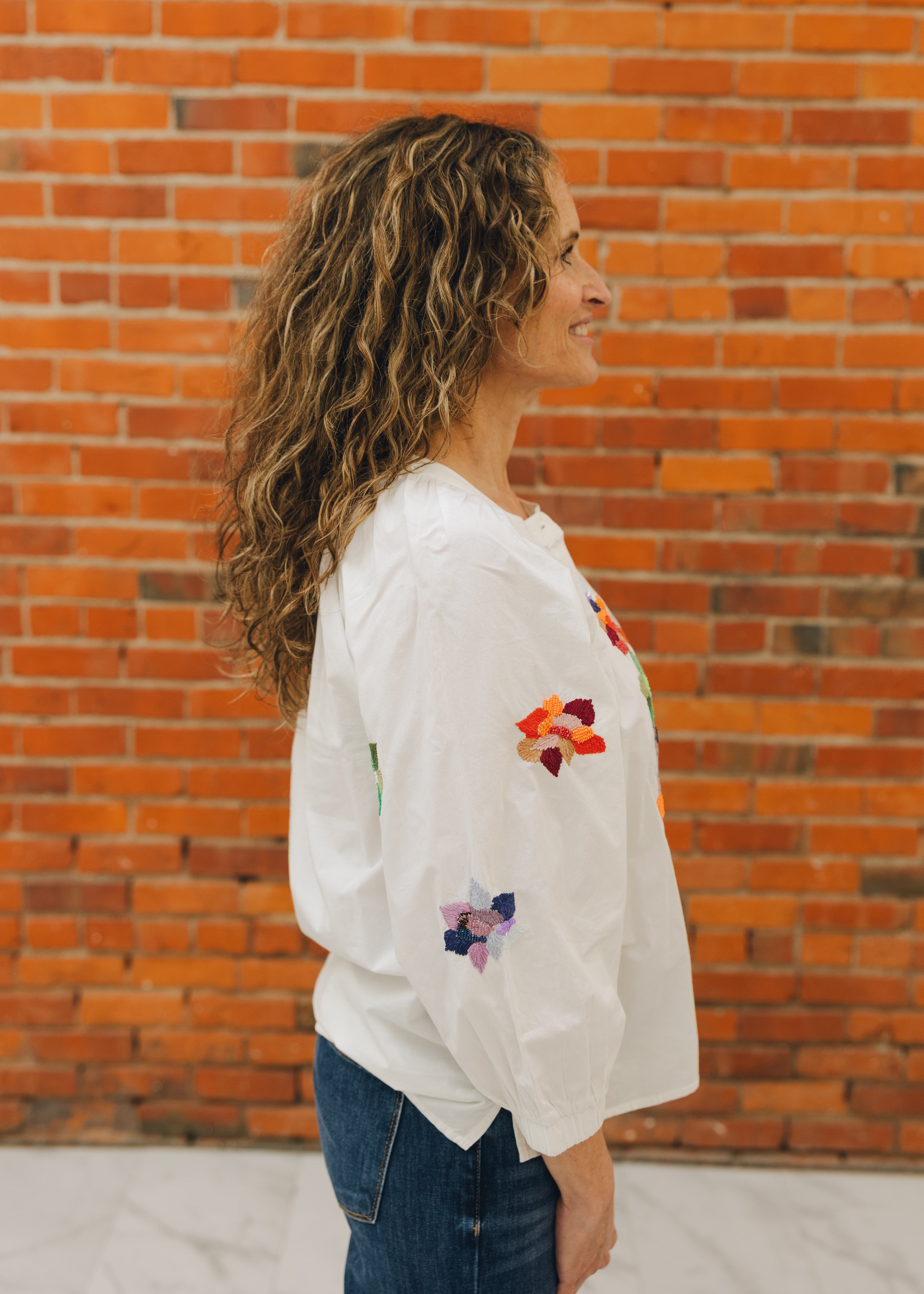 Tribal 3/4 Sleeve Button Front Blouse W/ Embroidery
