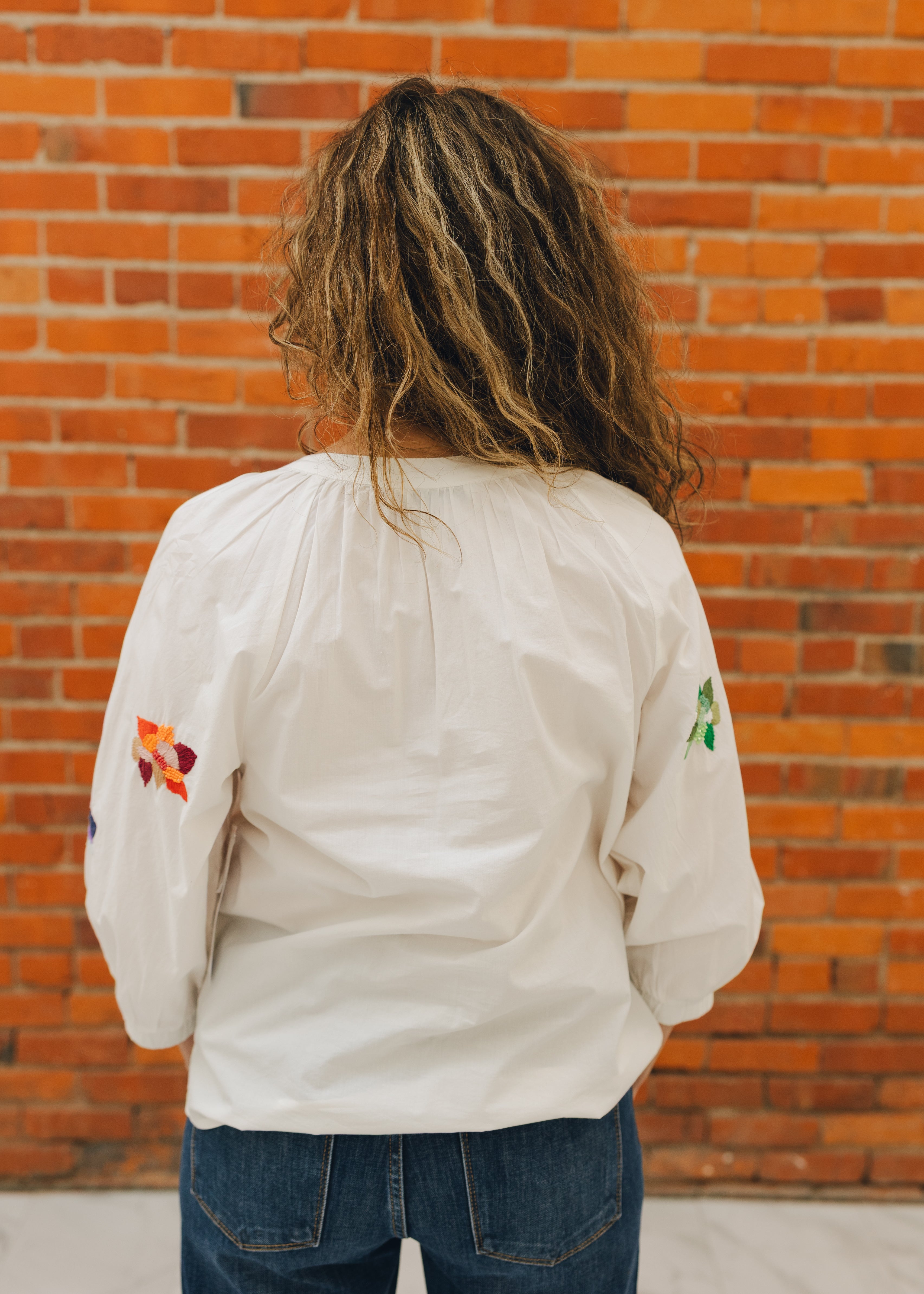 Tribal 3/4 Sleeve Button Front Blouse W/ Embroidery