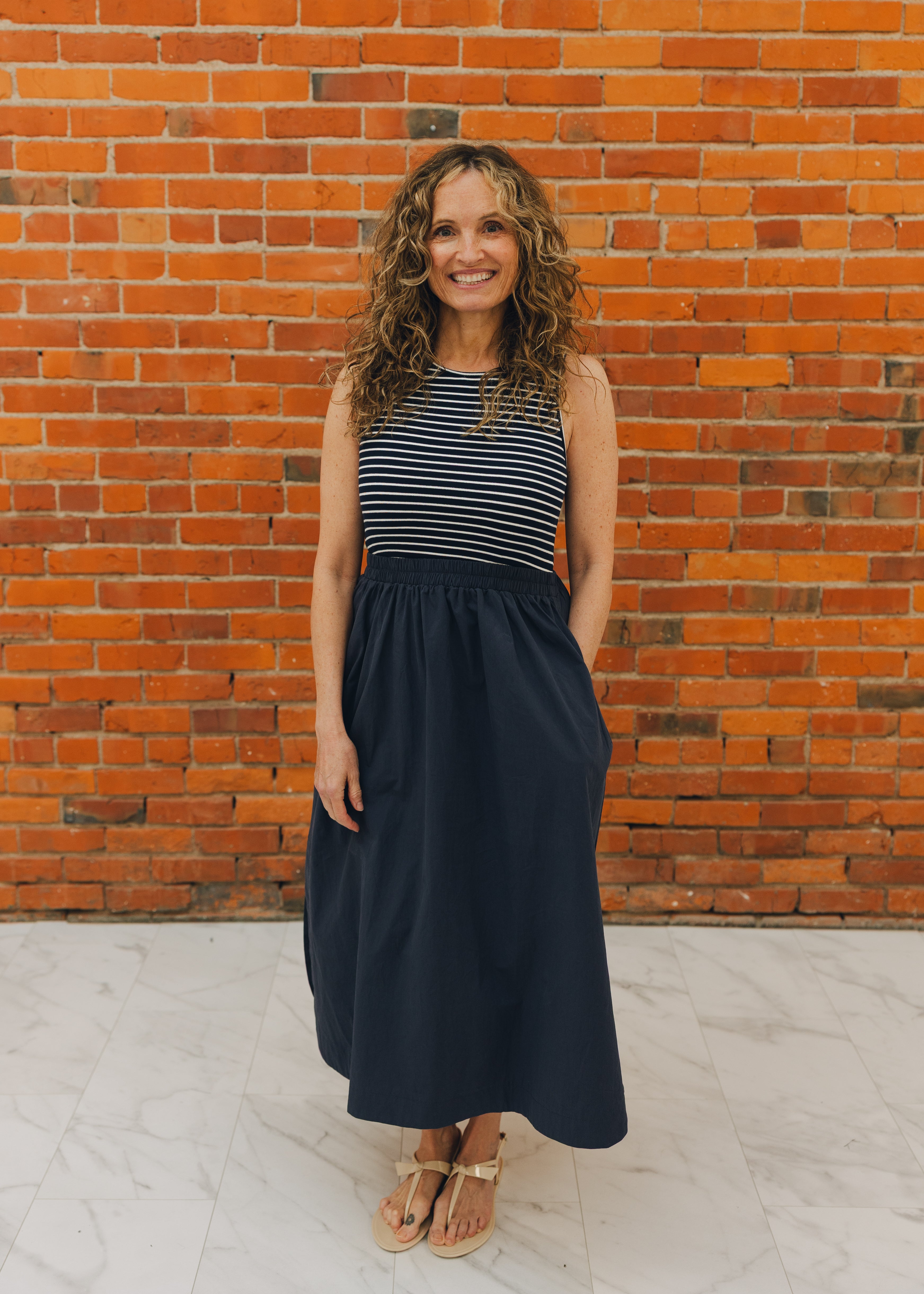 Striped Top W/ Elastic Waist Midi Dress