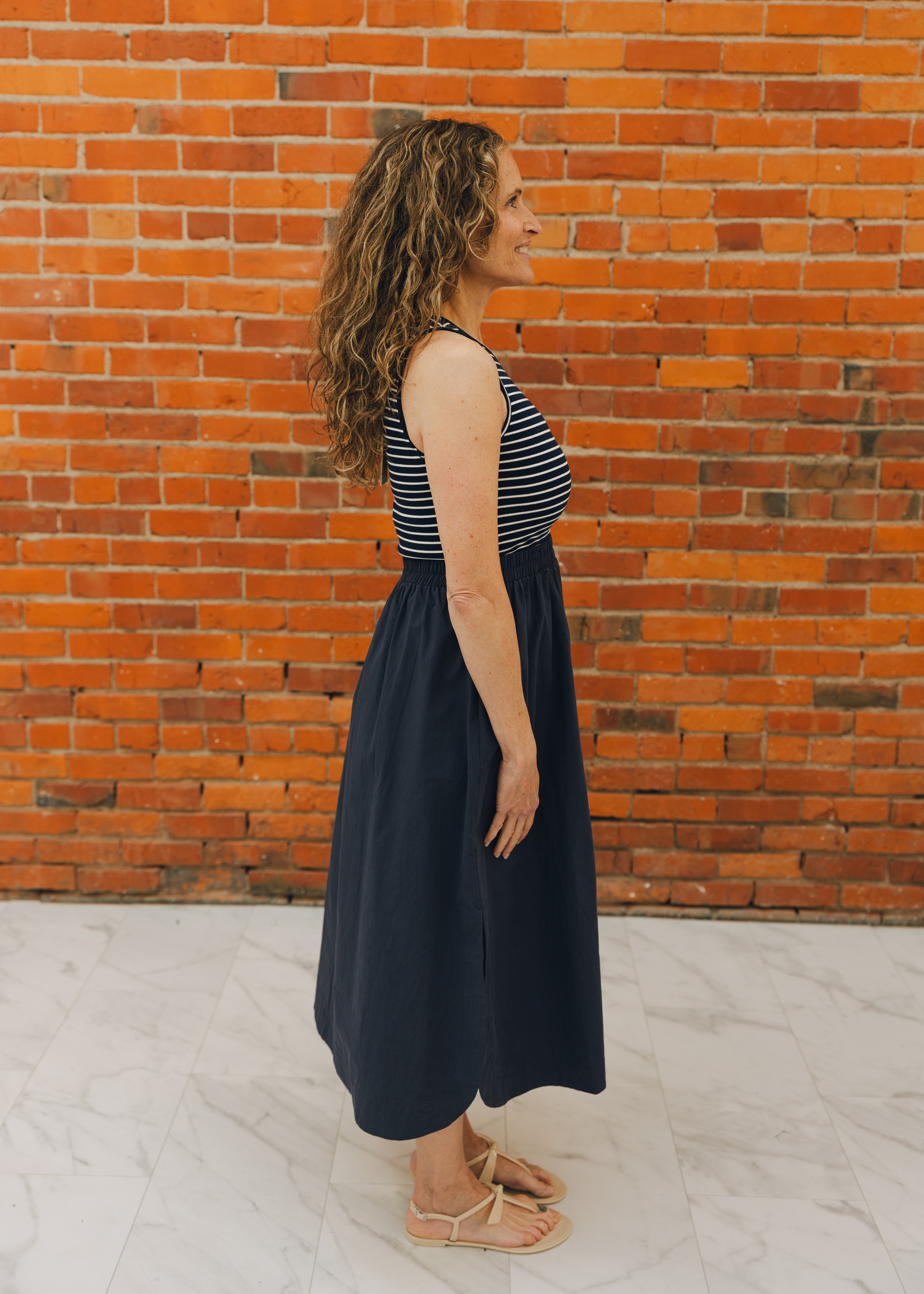 Striped Top W/ Elastic Waist Midi Dress