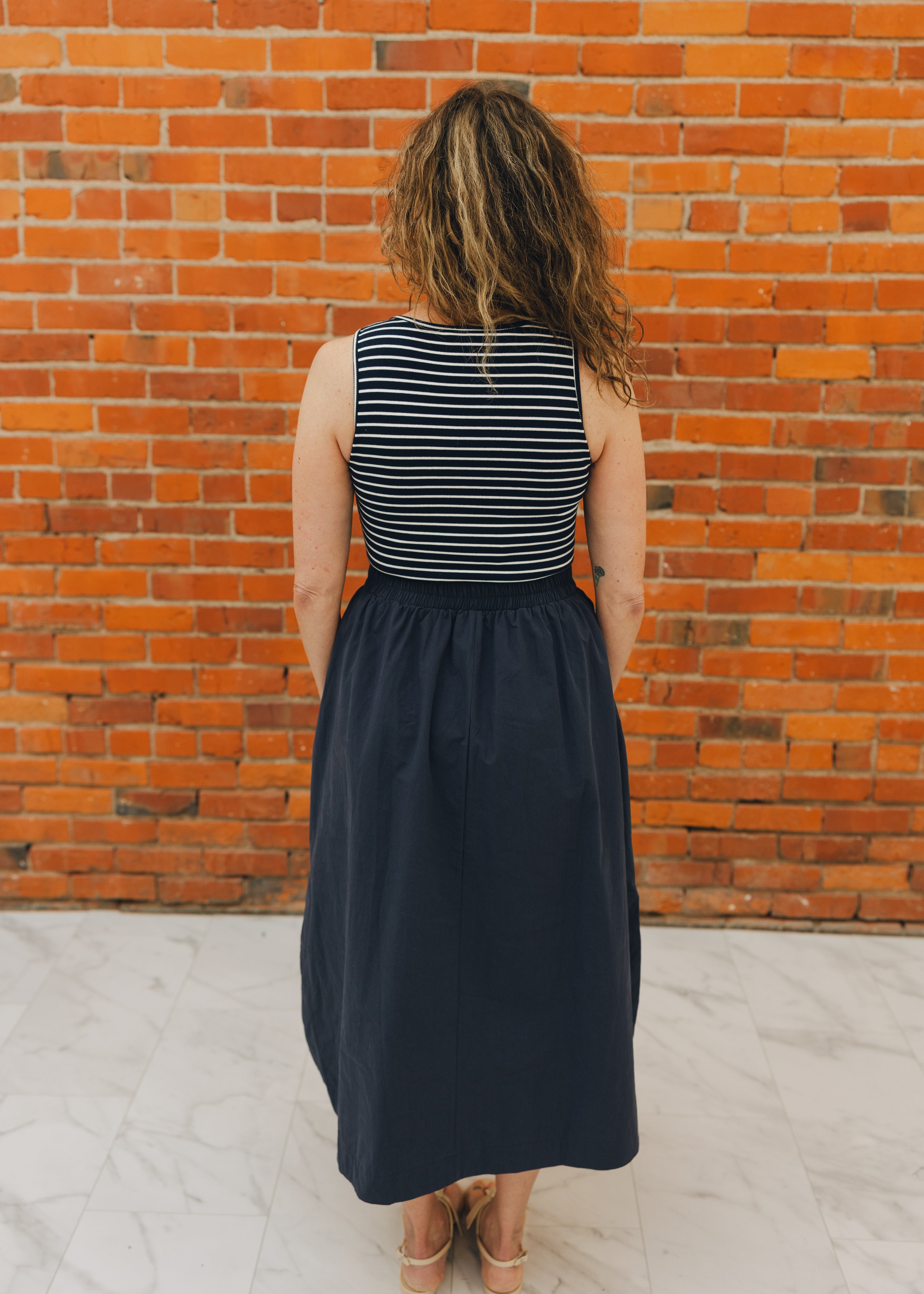 Striped Top W/ Elastic Waist Midi Dress