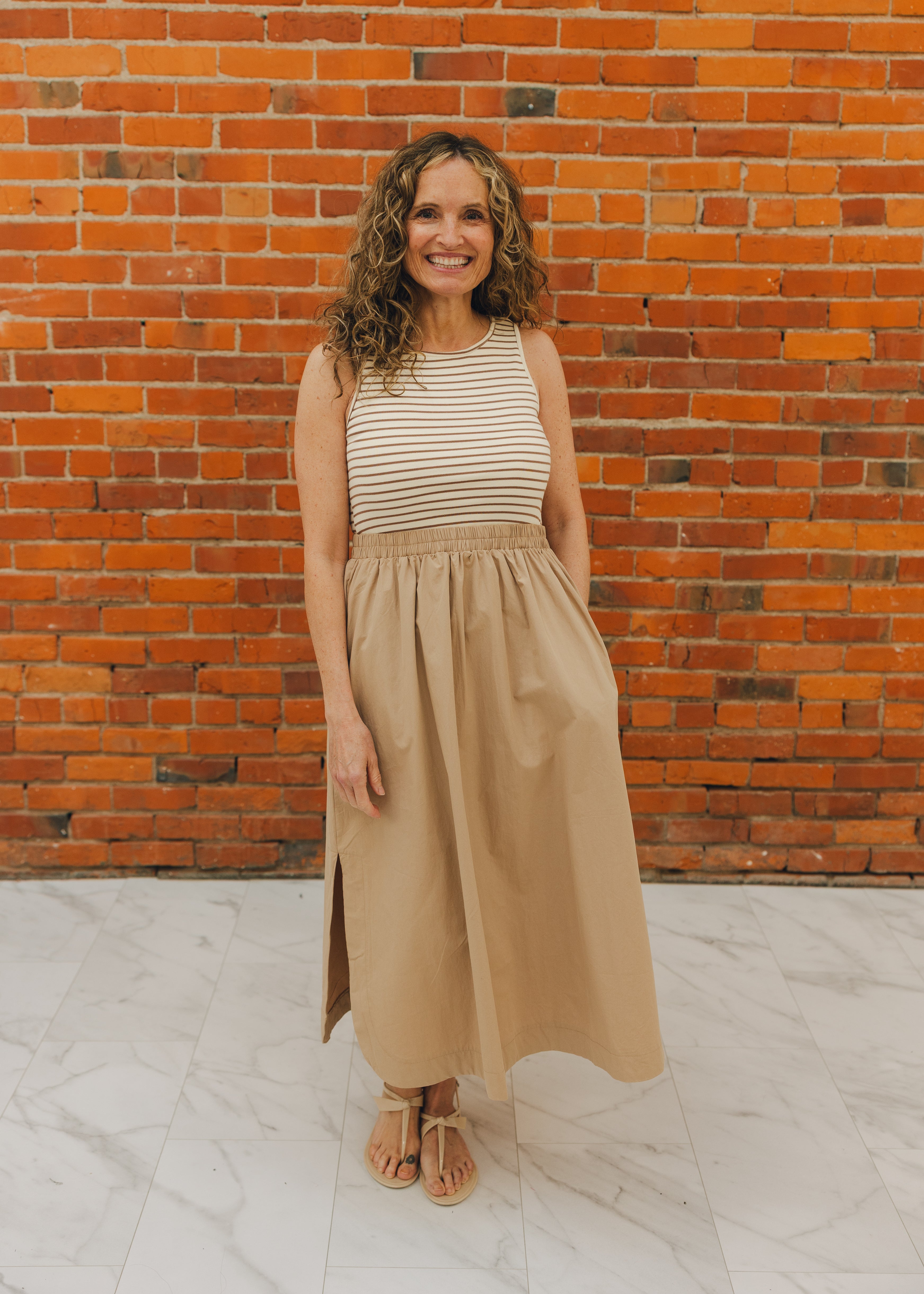 Striped Top W/ Elastic Waist Midi Dress