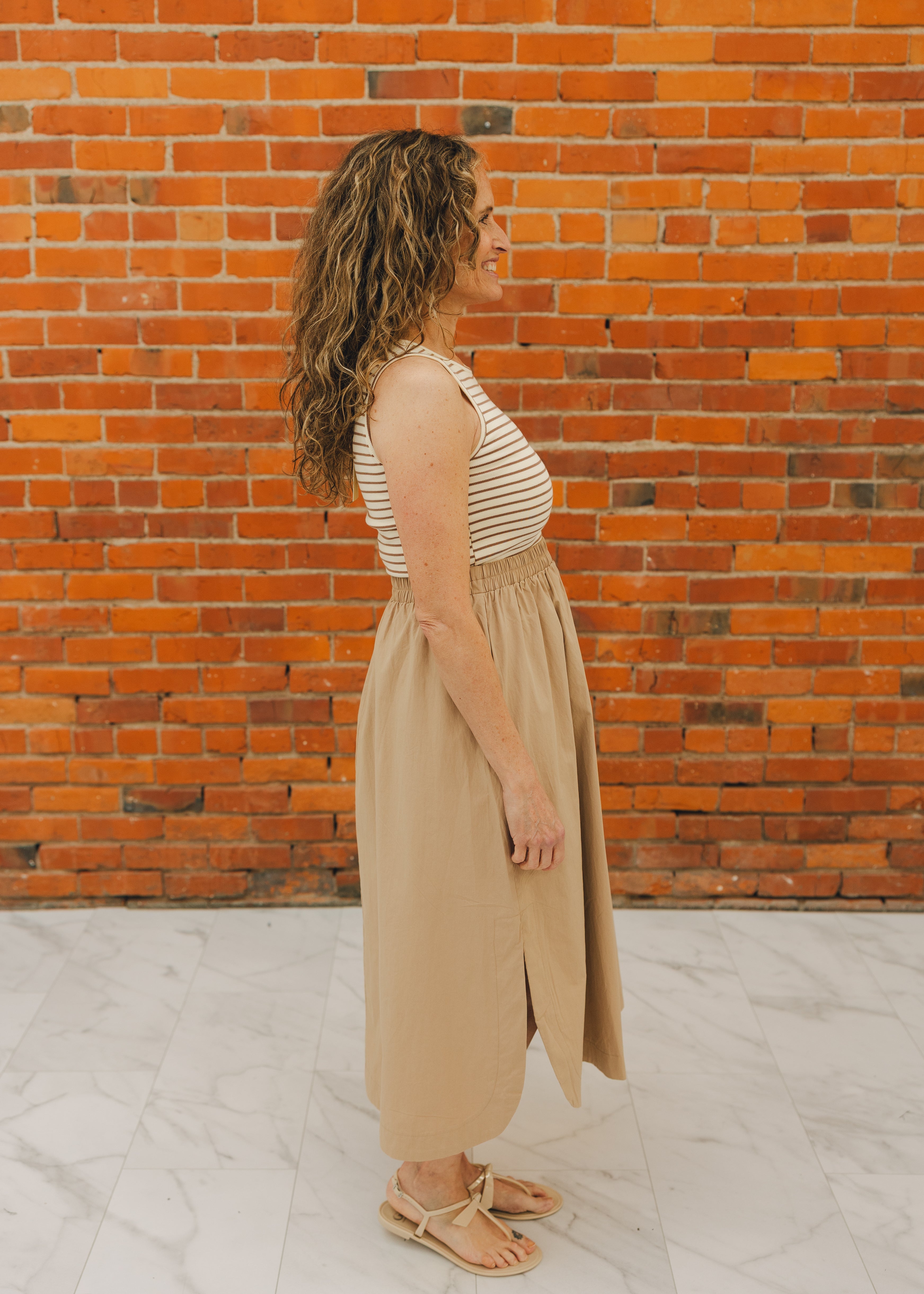 Striped Top W/ Elastic Waist Midi Dress