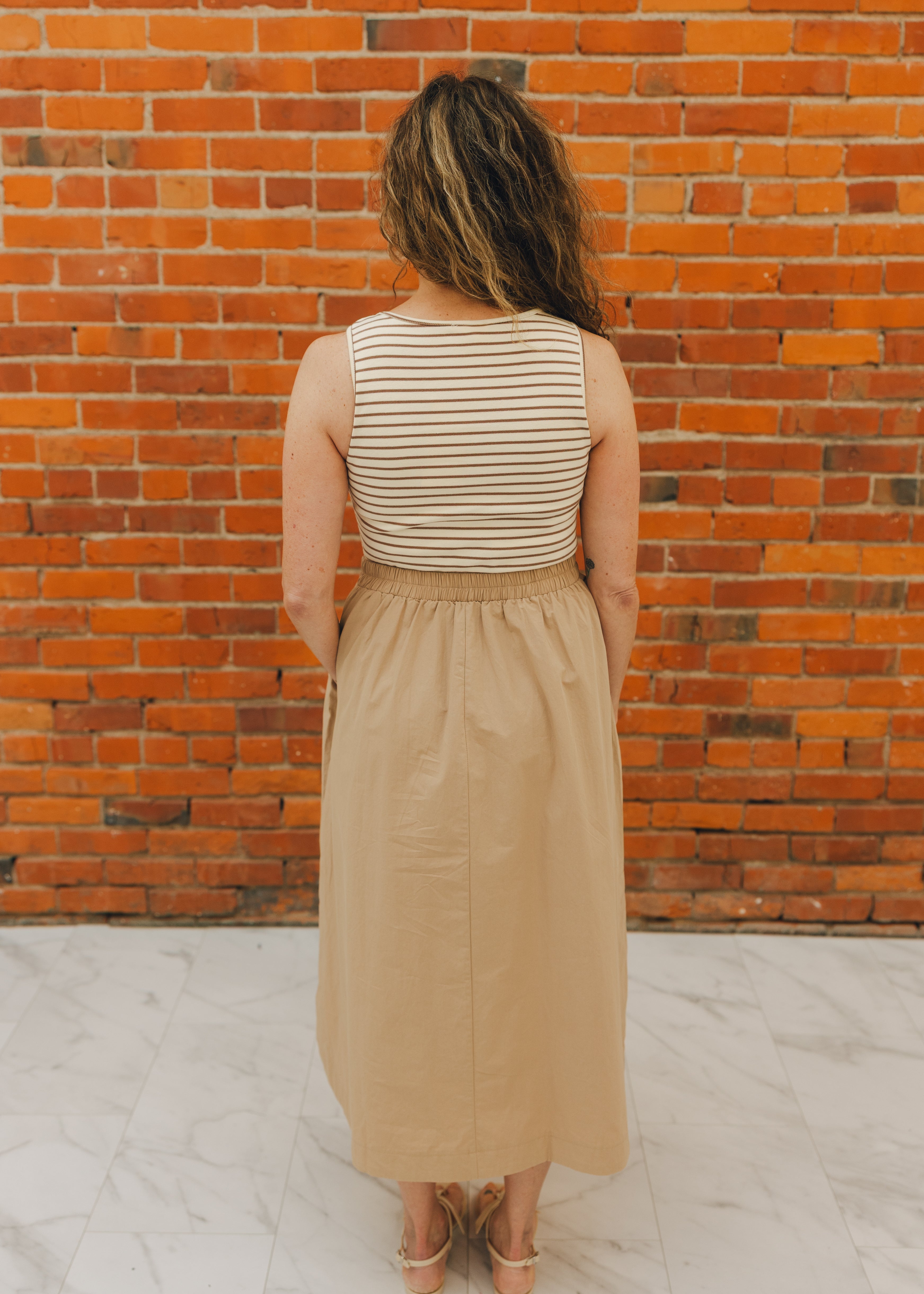 Striped Top W/ Elastic Waist Midi Dress