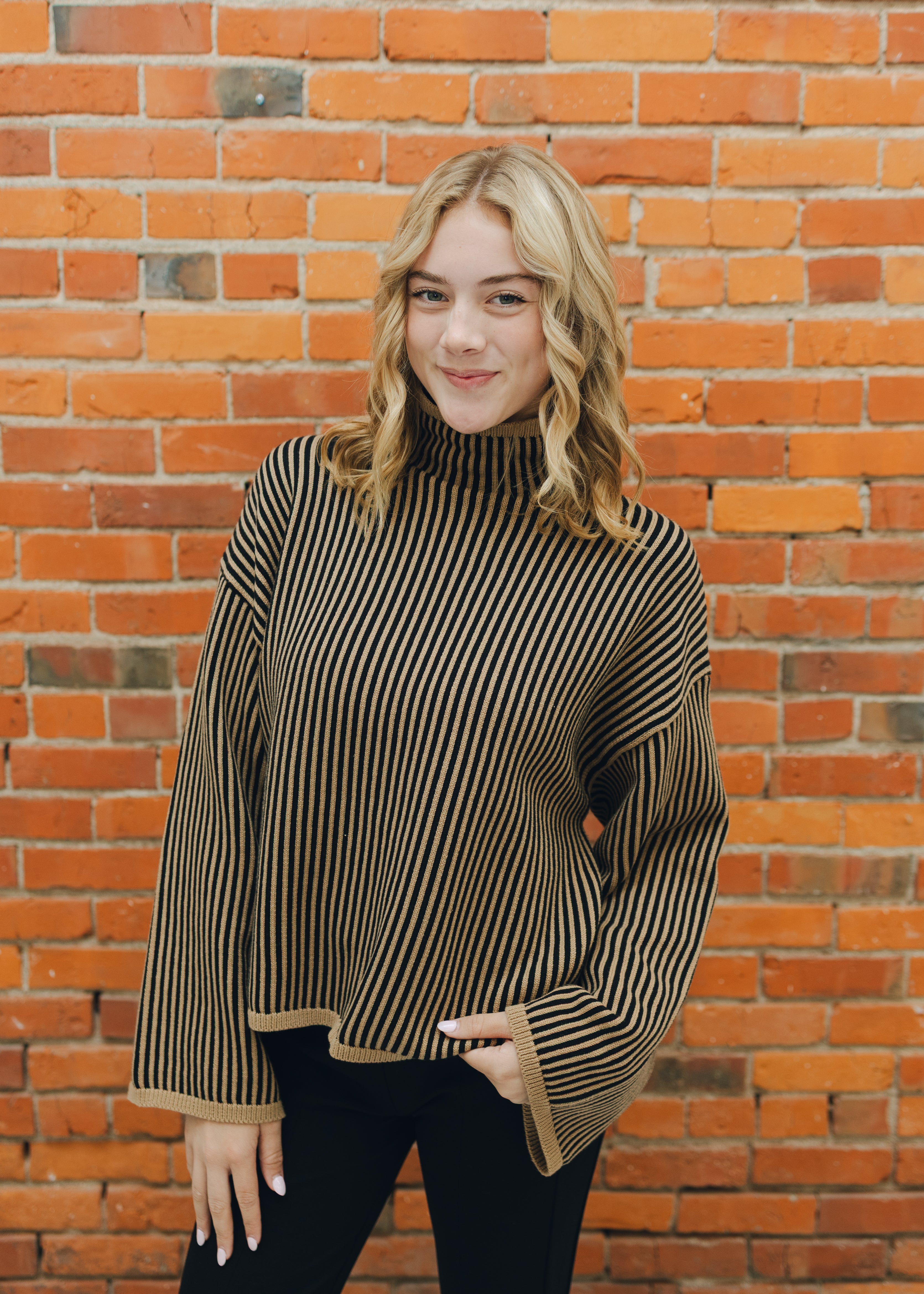 Tan Stripe Turtleneck Sweater