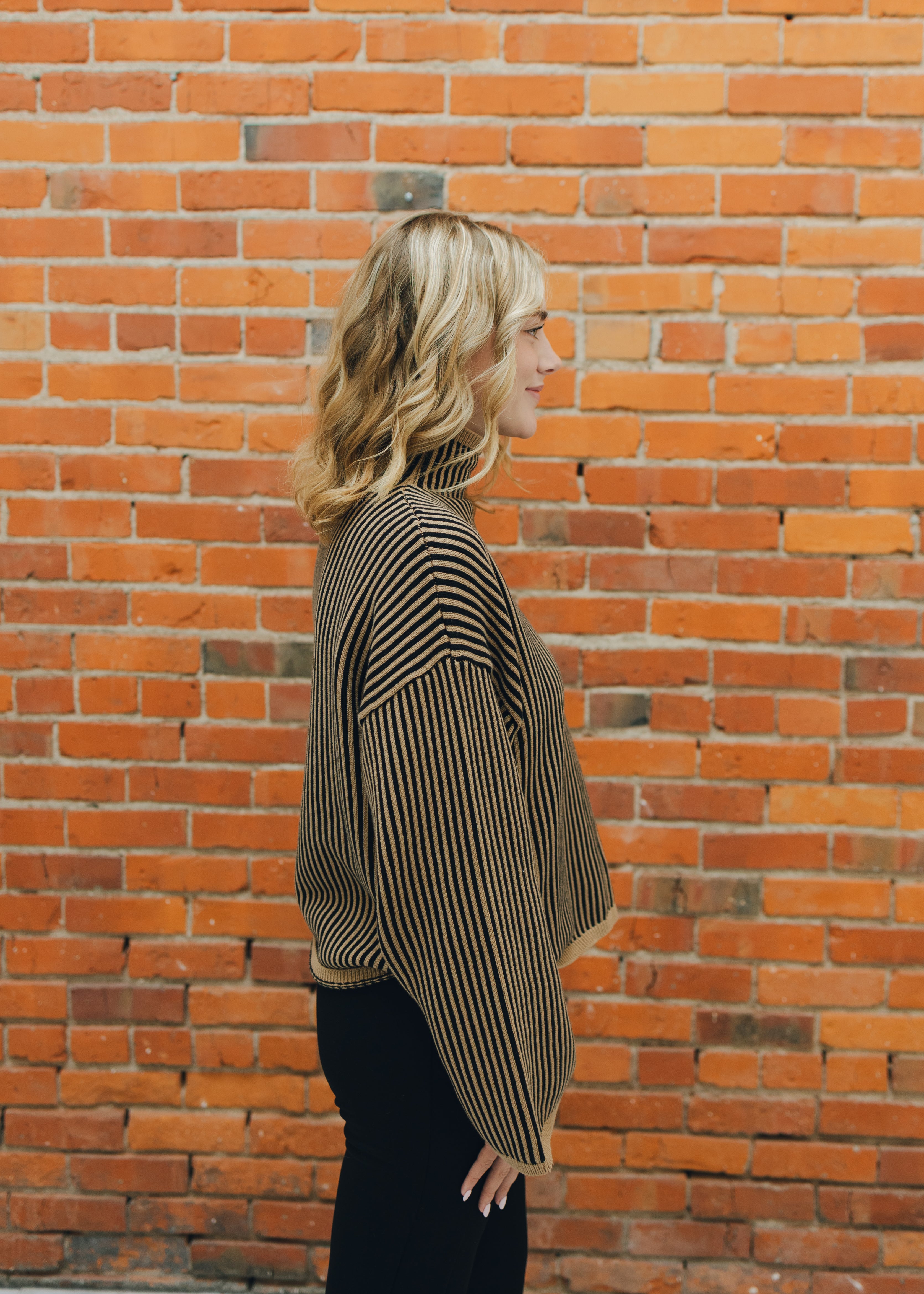 Tan Stripe Turtleneck Sweater