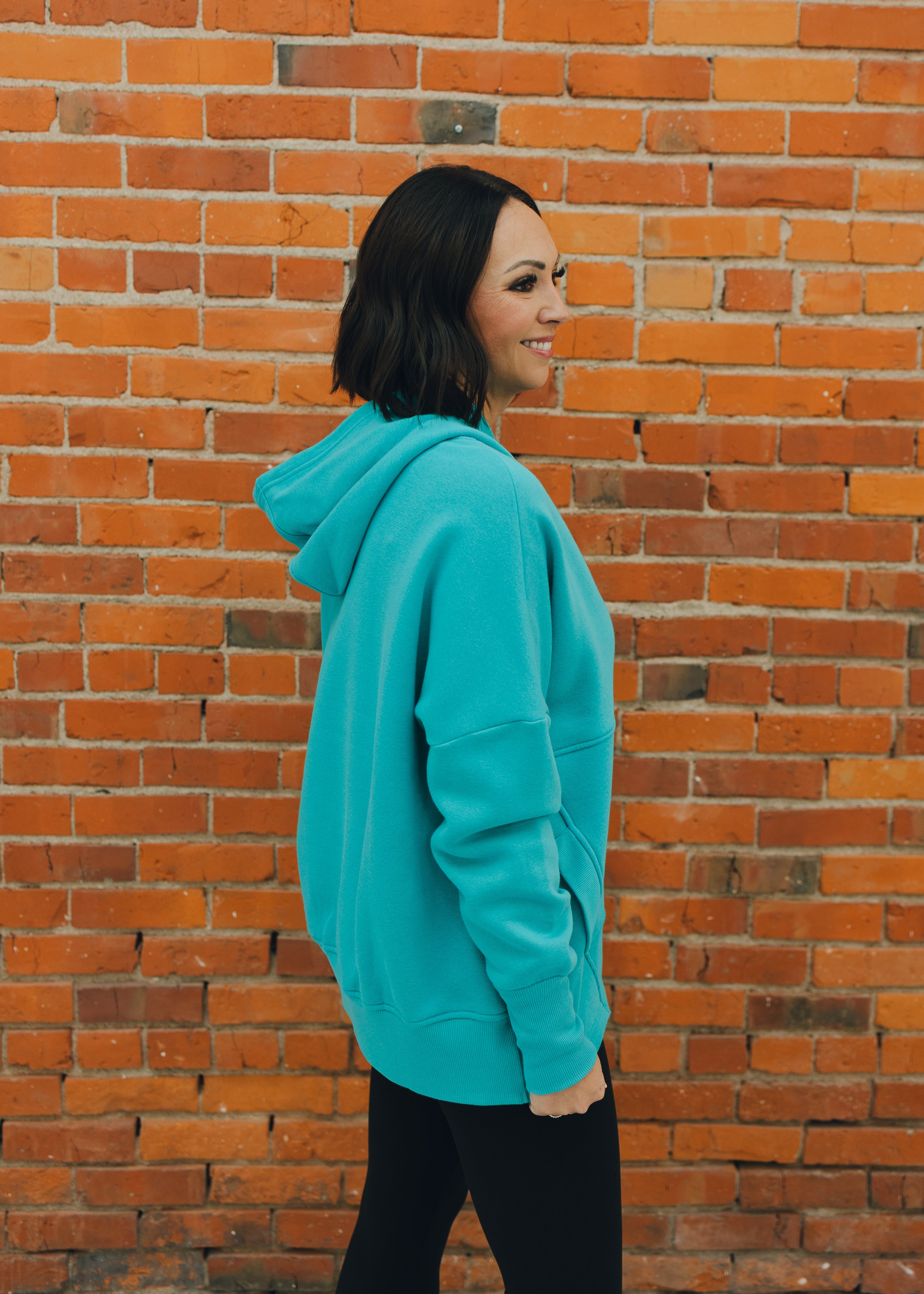 Half Button Fleece Hooded Pullover - Turquoise