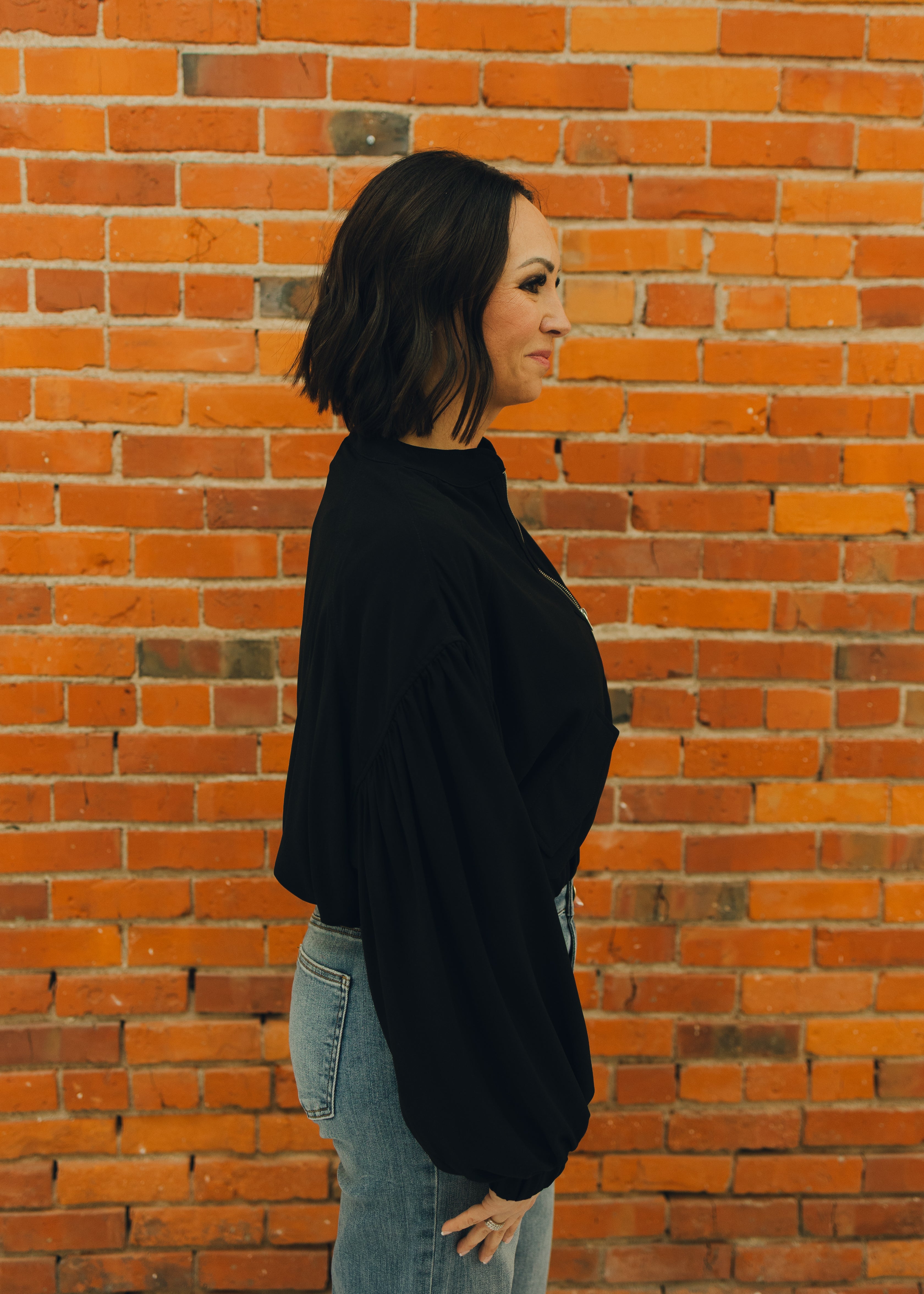 Black Balloon Sleeve Bomber Jacket