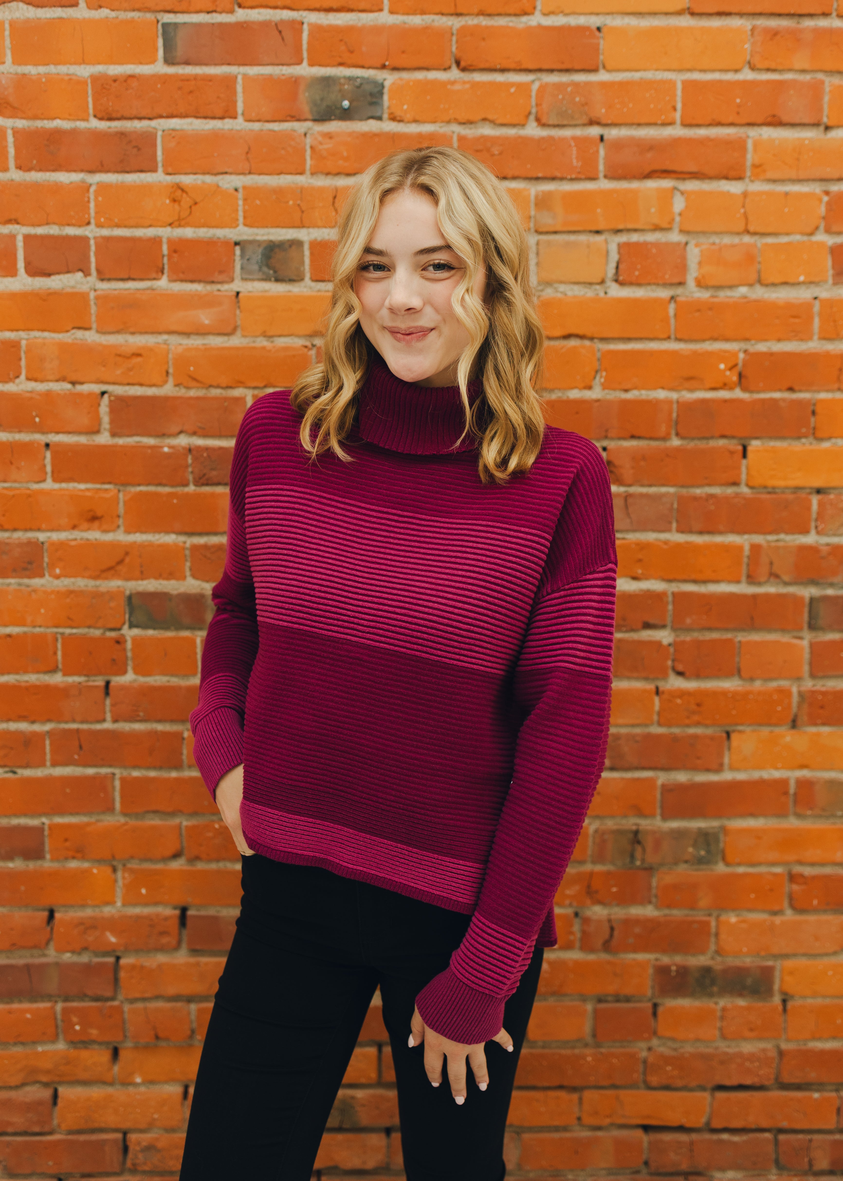 Tribal Turtleneck High Low Sweater - Plum Wine