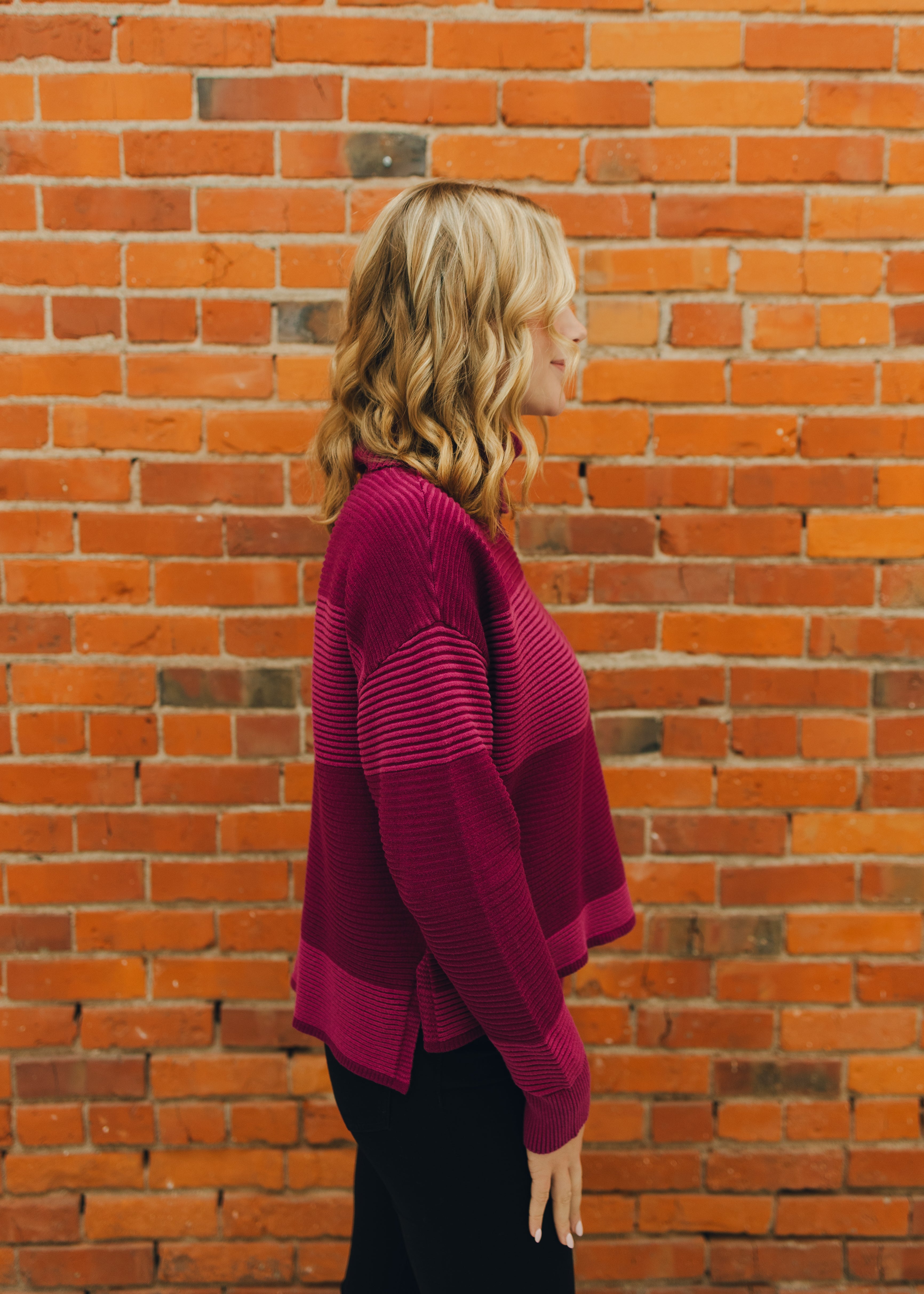 Tribal Turtleneck High Low Sweater - Plum Wine