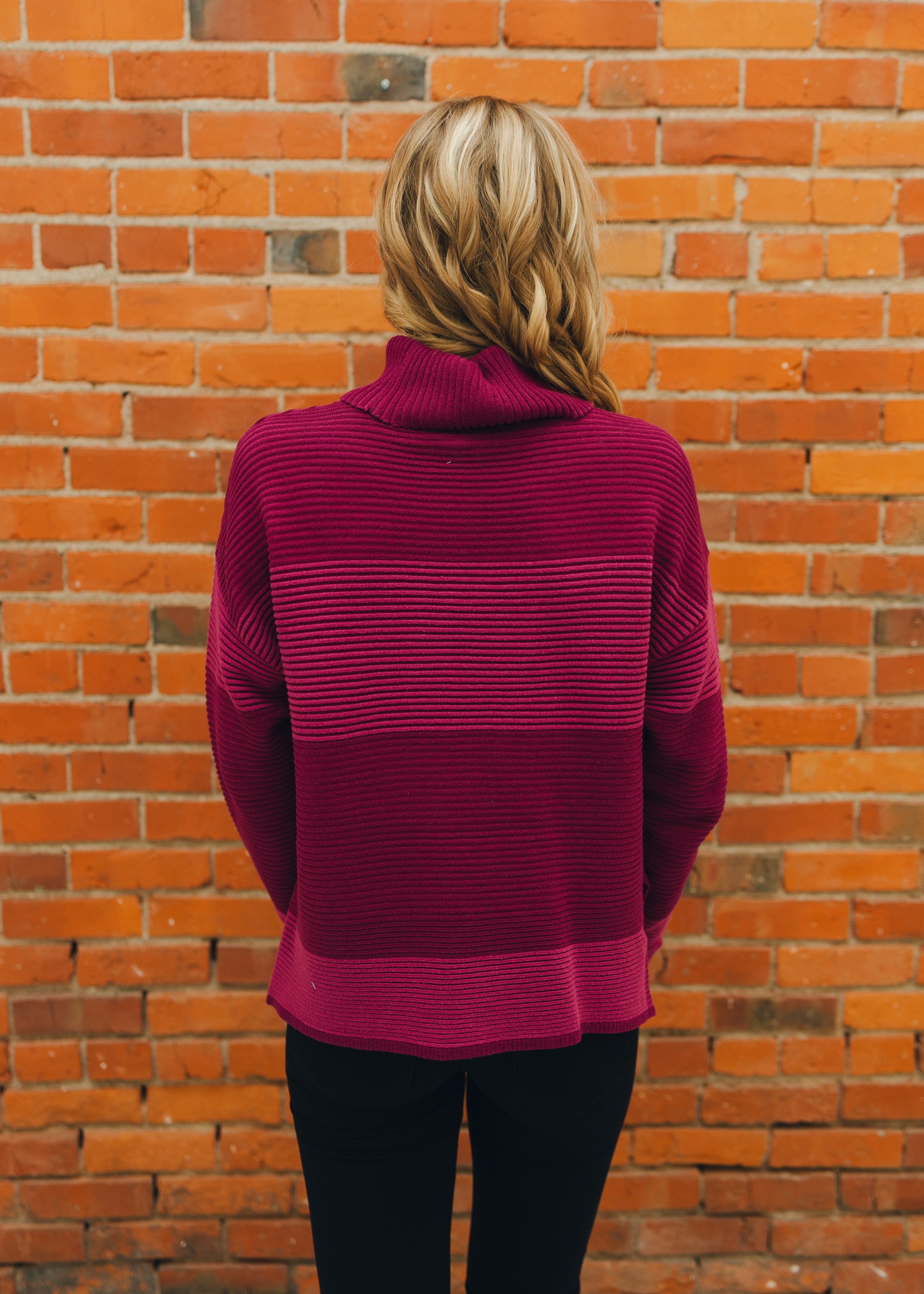 Tribal Turtleneck High Low Sweater - Plum Wine