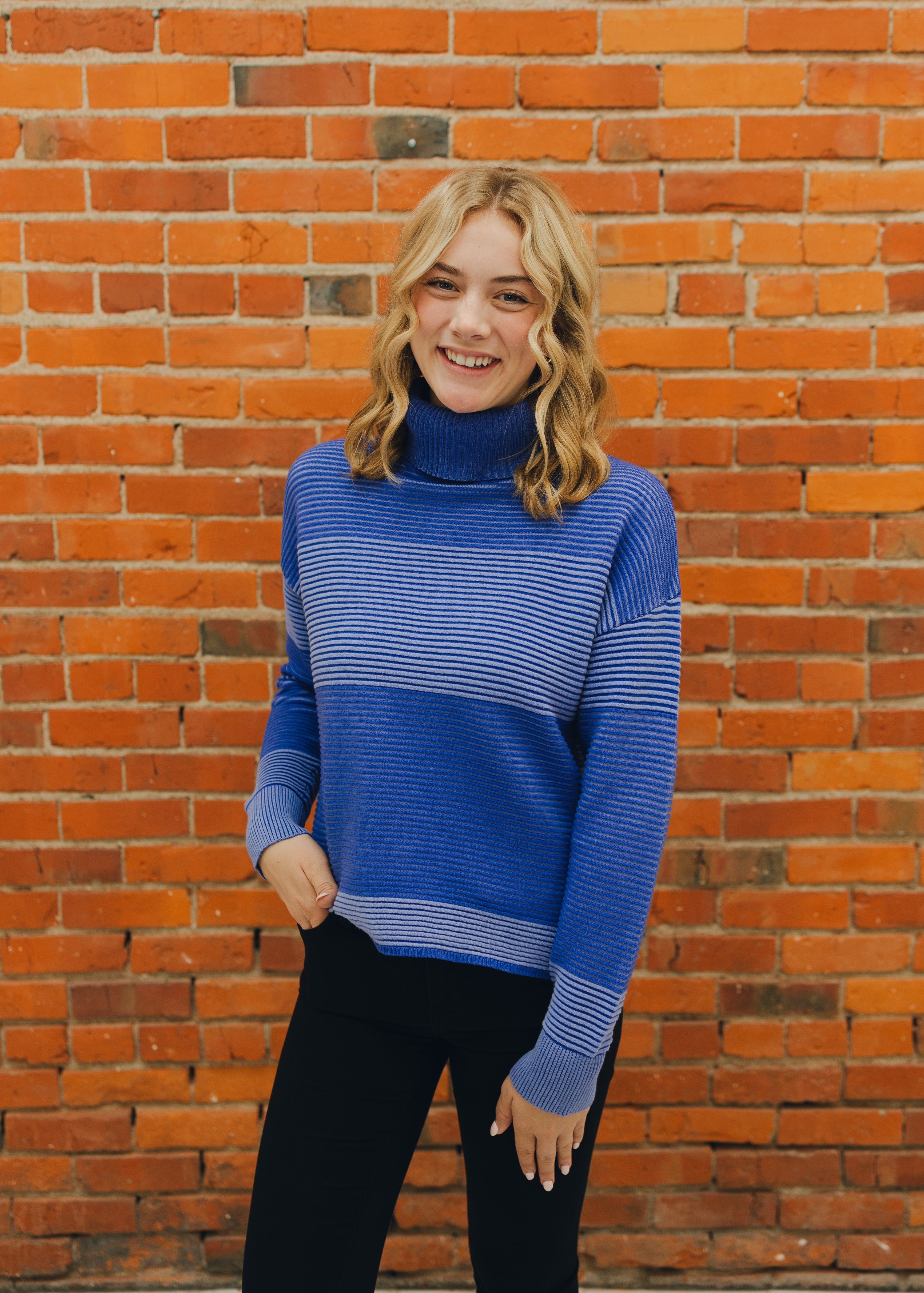 Tribal Turtleneck High Low Sweater - Lapis Blue