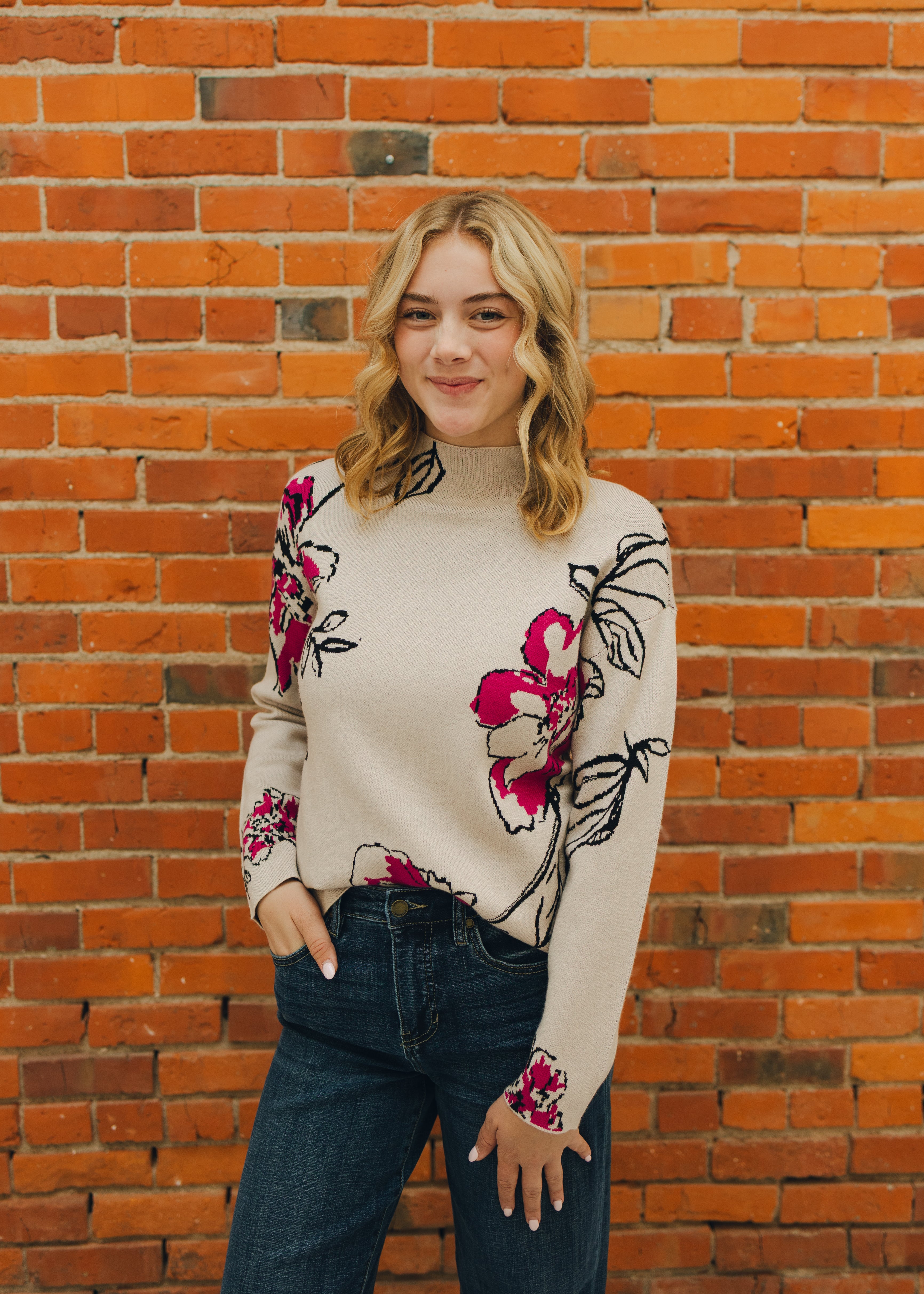 Tribal Long Sleeve Funnel Neck Sweater - Pink Flambe