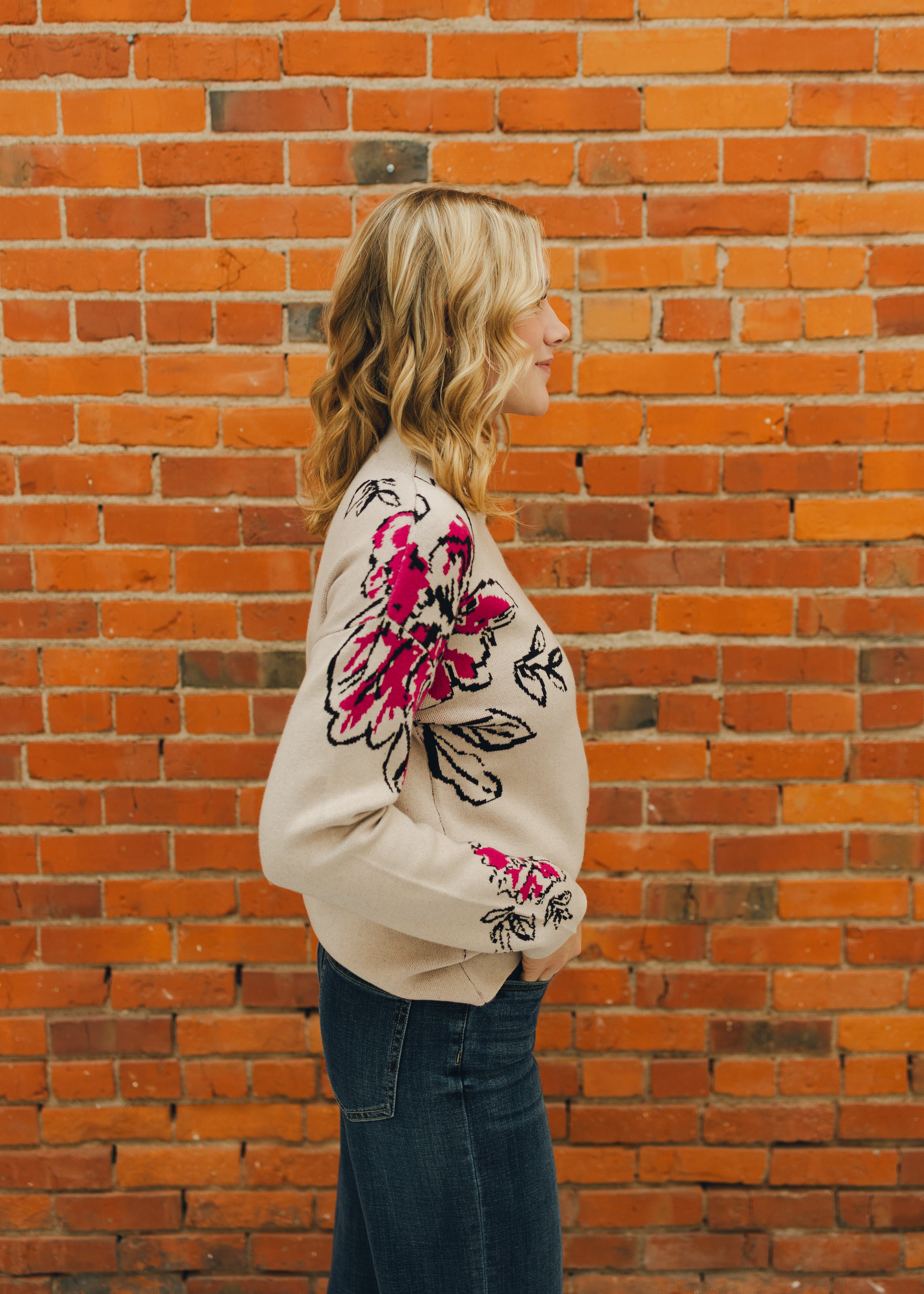 Tribal Long Sleeve Funnel Neck Sweater - Pink Flambe