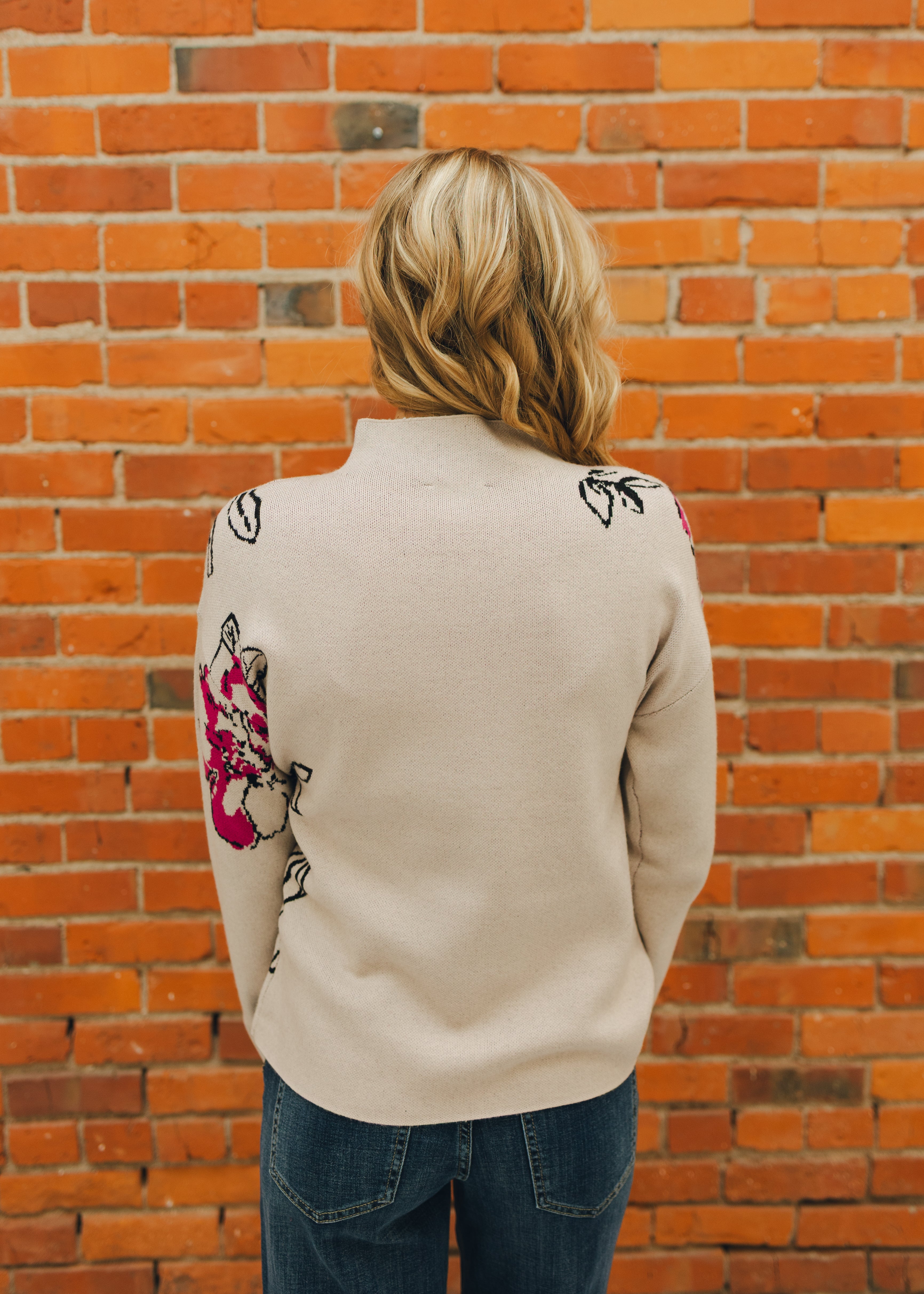 Tribal Long Sleeve Funnel Neck Sweater - Pink Flambe