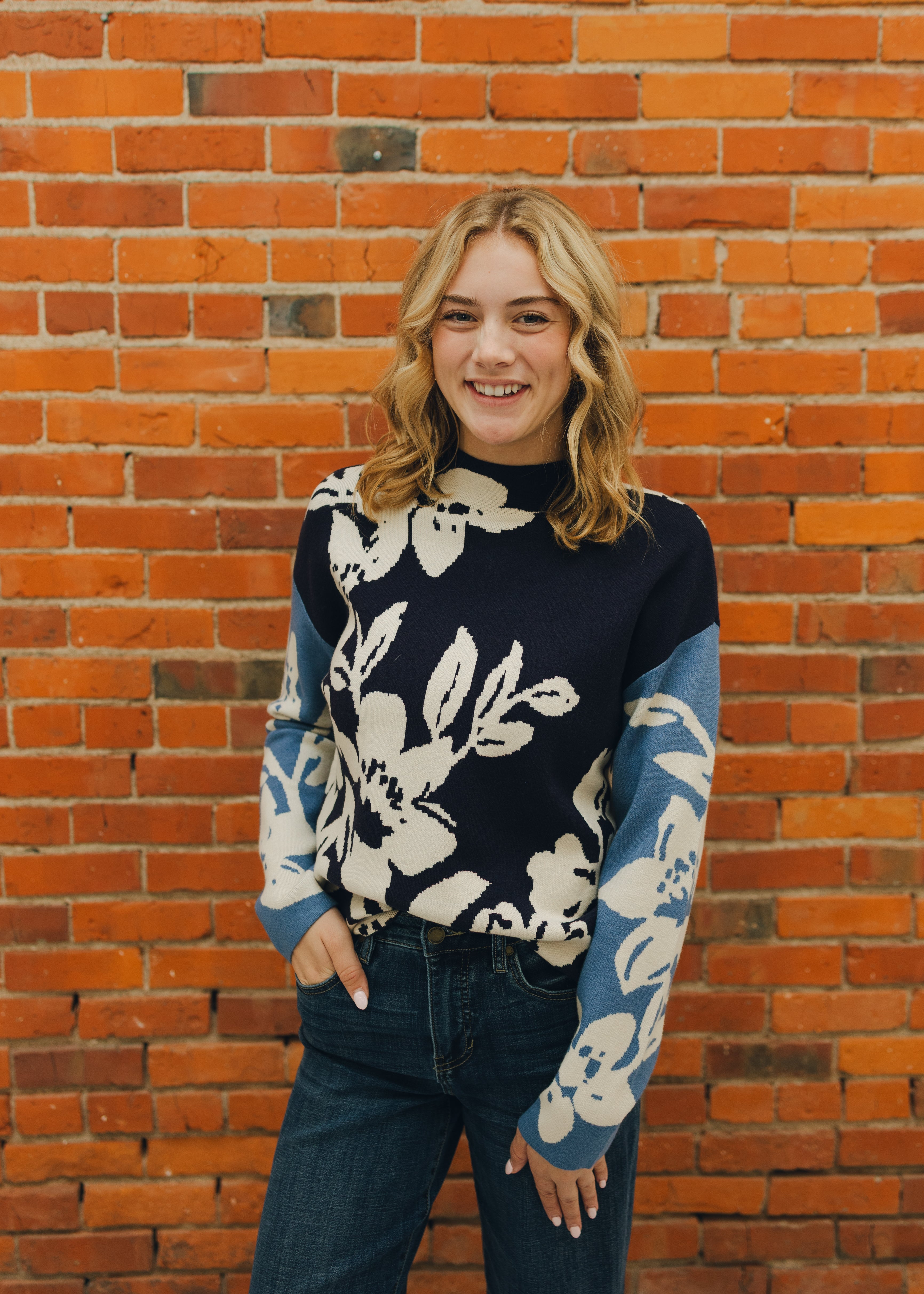 Tribal Long Sleeve Funnel Neck Sweater - Sapphire