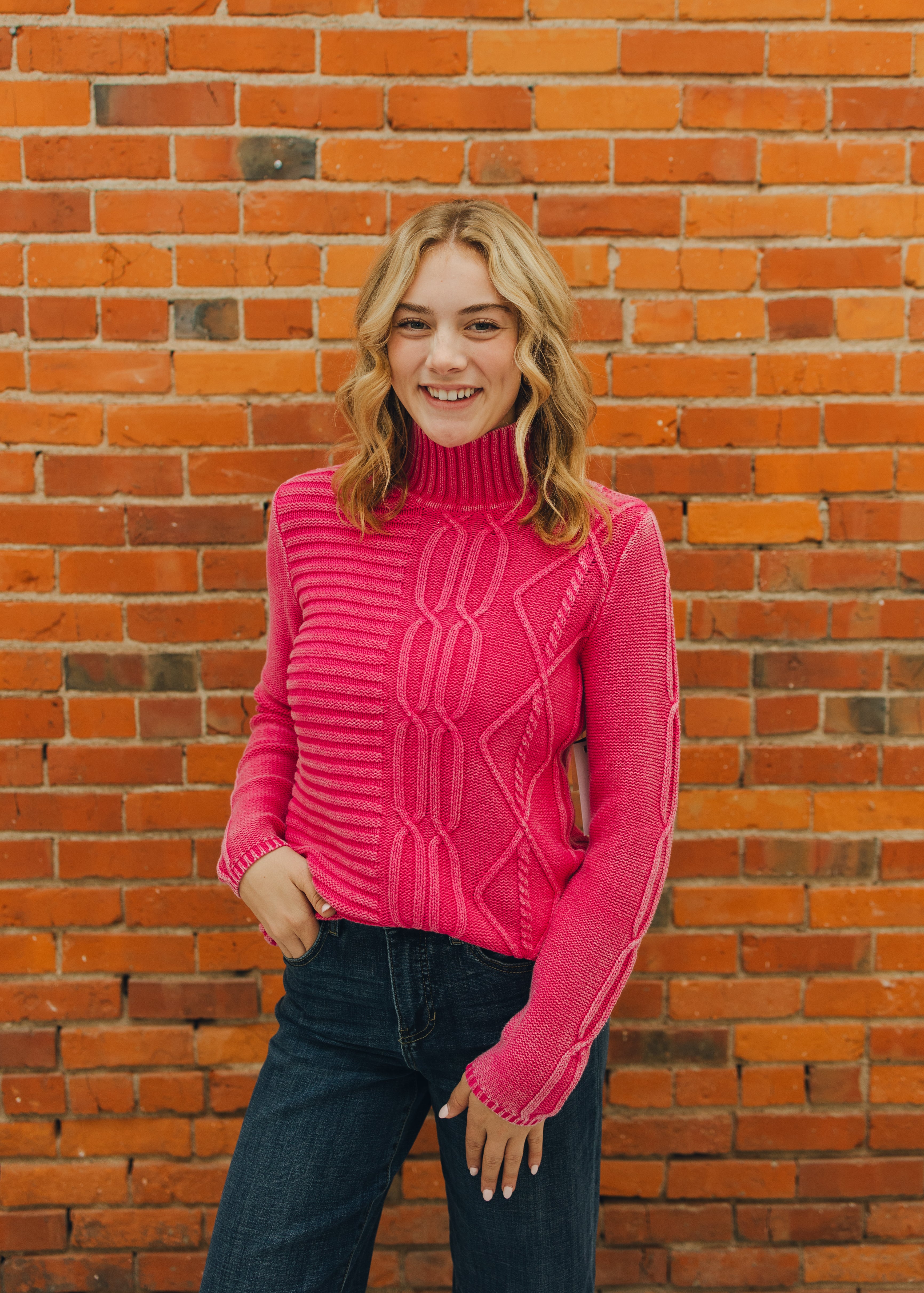 Tribal Mock Neck Sweater - Cherry Pink