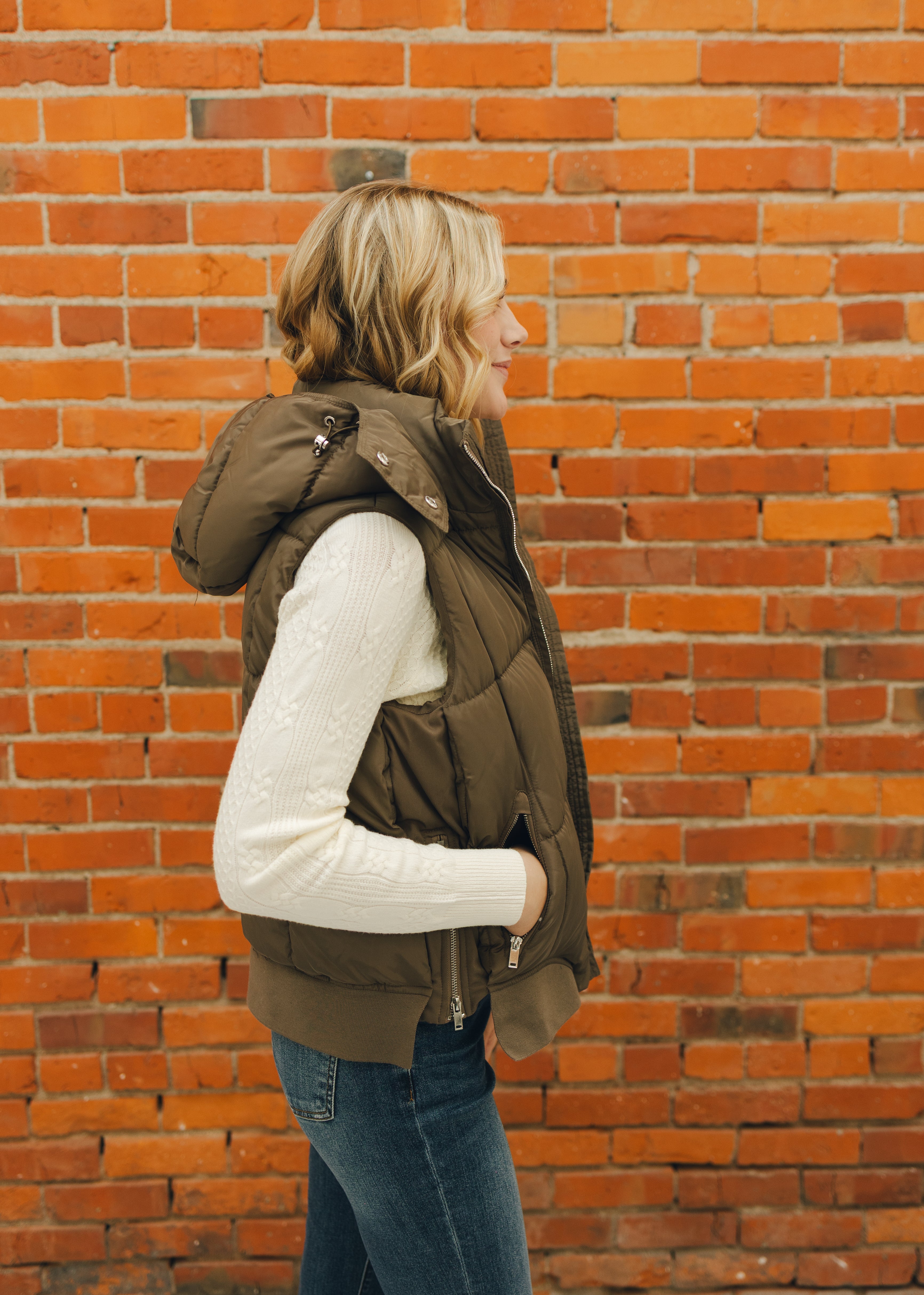 Tribal Quilted Vest W/Removable Hood - Fossil