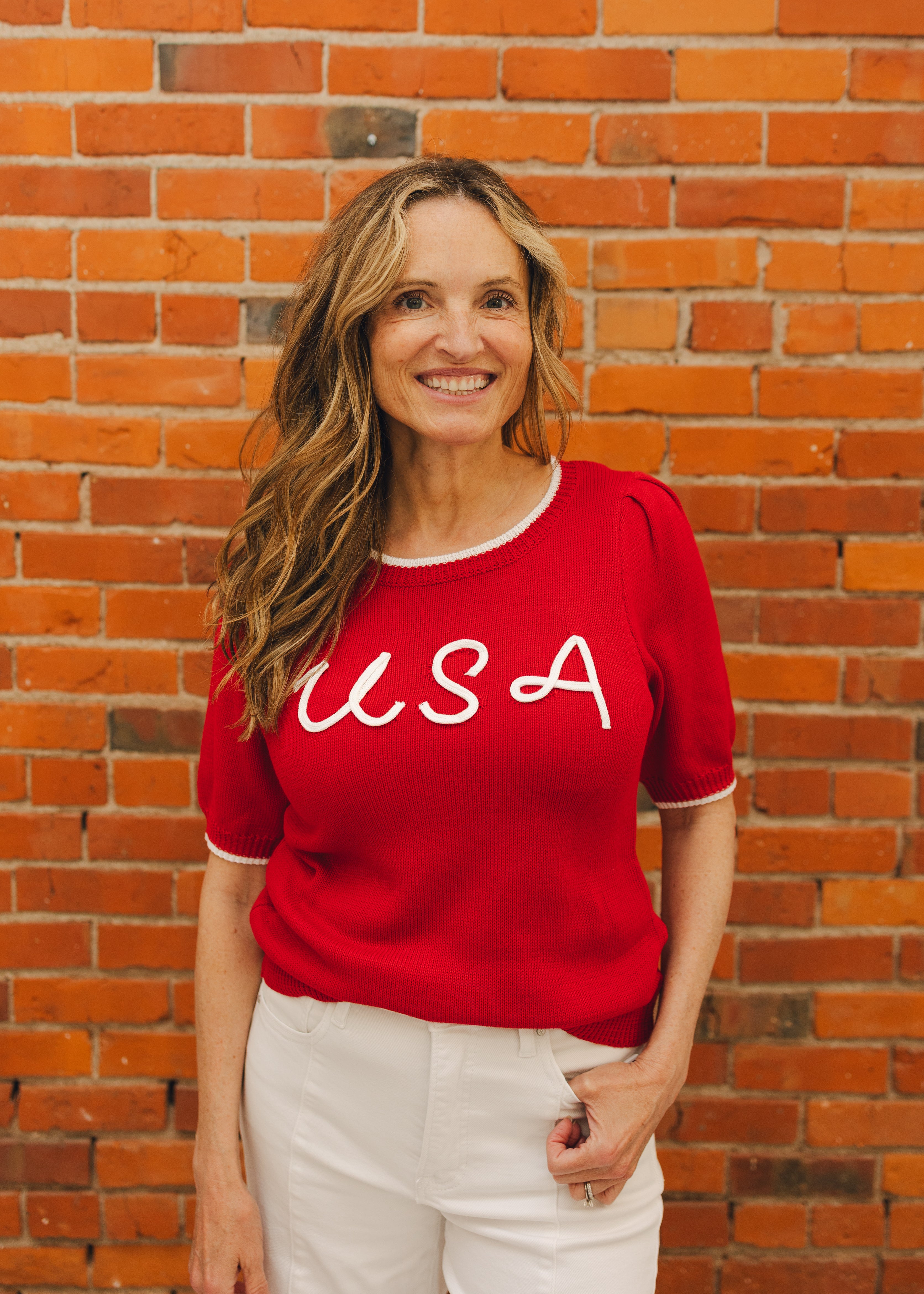 USA Embroidered Short Sleeve Sweater