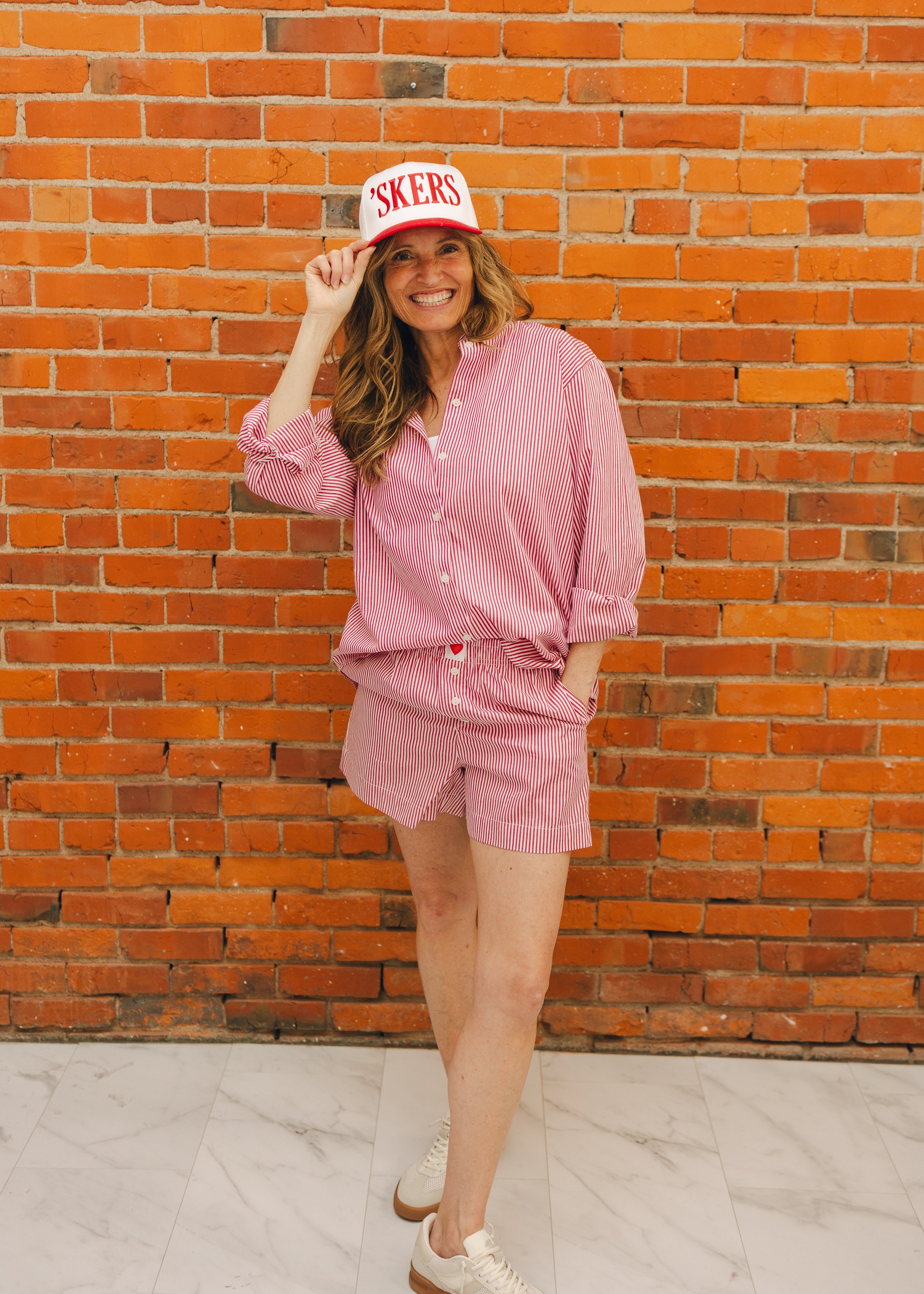Striped Elastic Waist Shorts W/ Button & Heart Detail