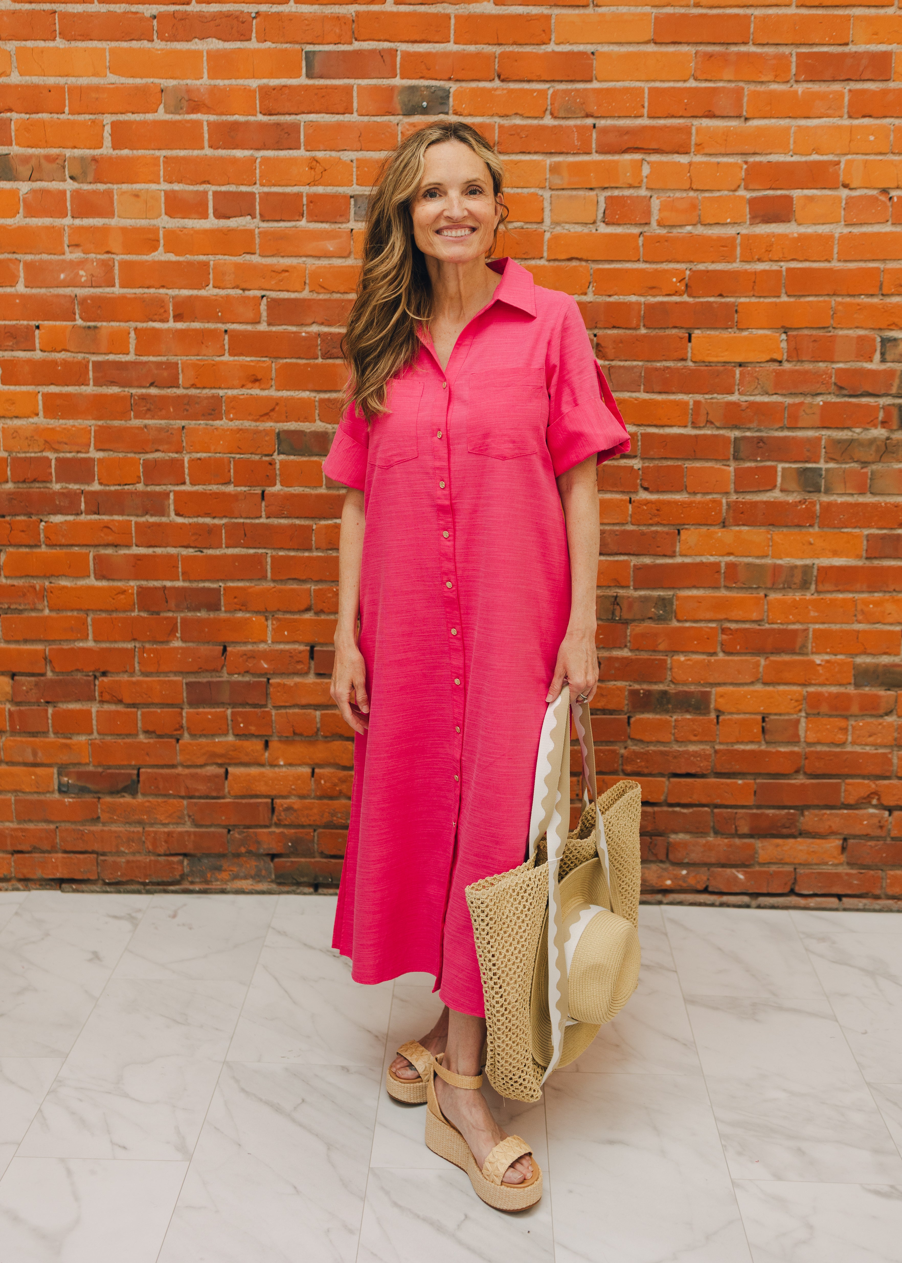 Roll Up Sleeve Button Up Dress