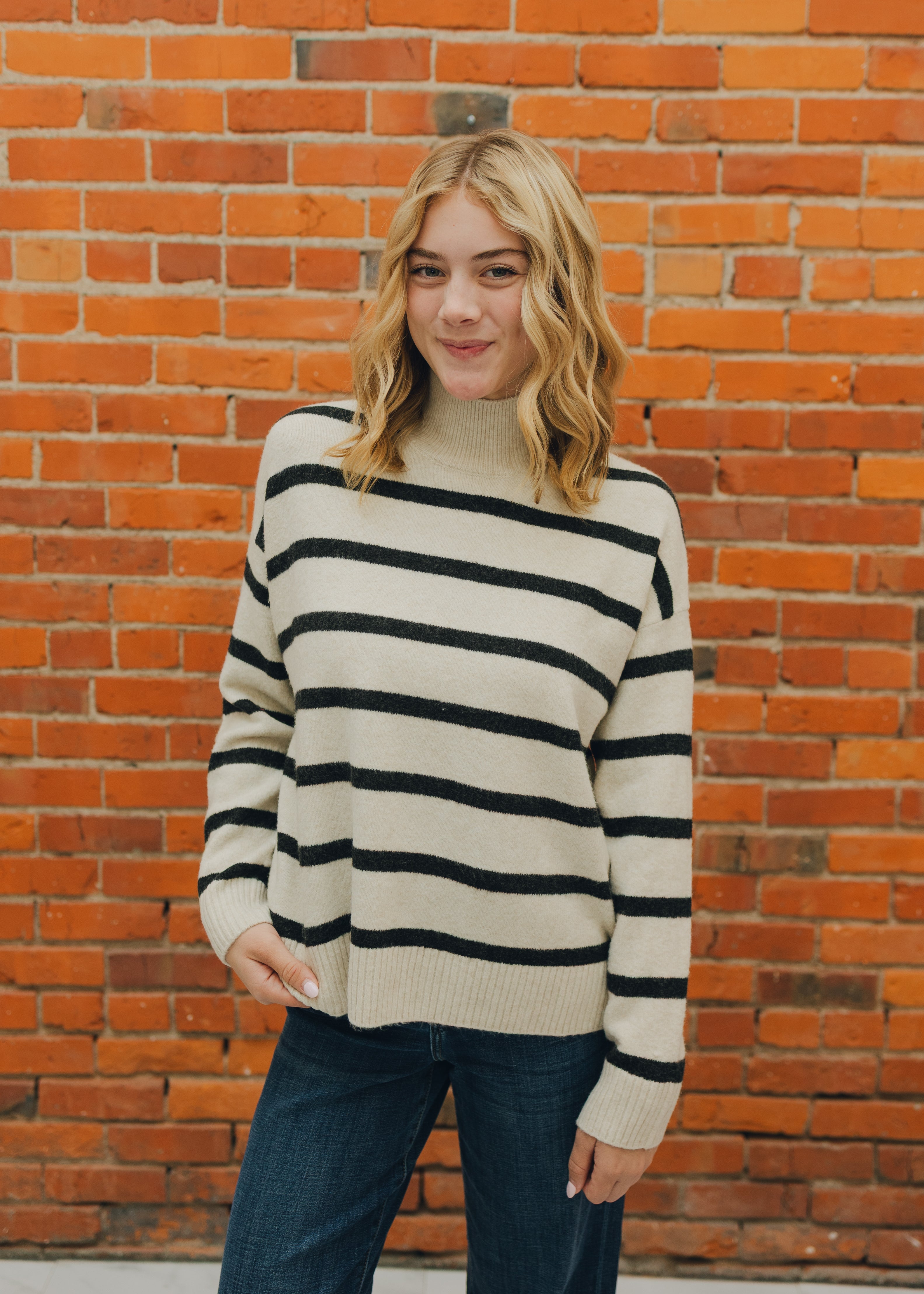 Apricot Stripe Drop Shoulder Sweater