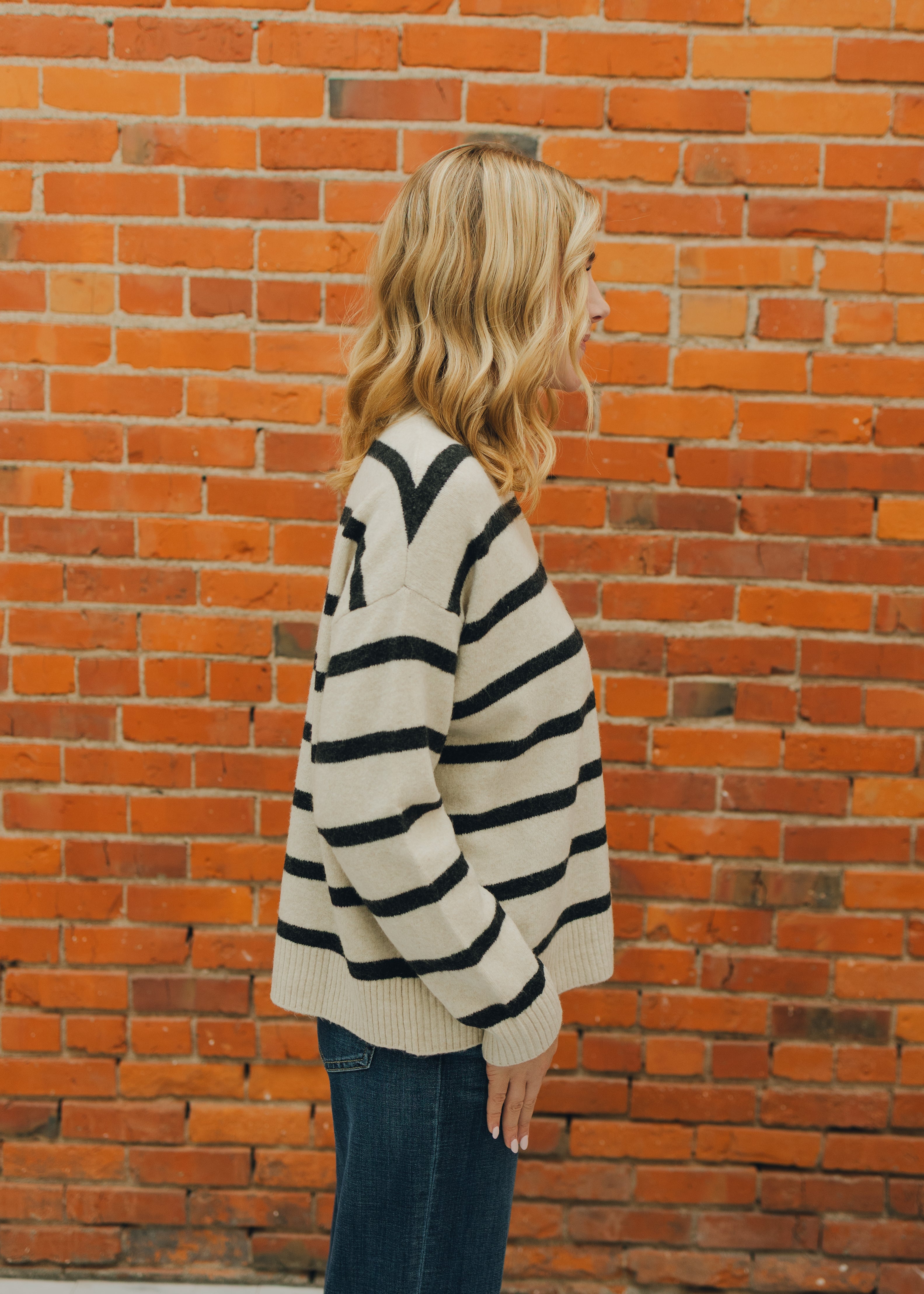 Apricot Stripe Drop Shoulder Sweater