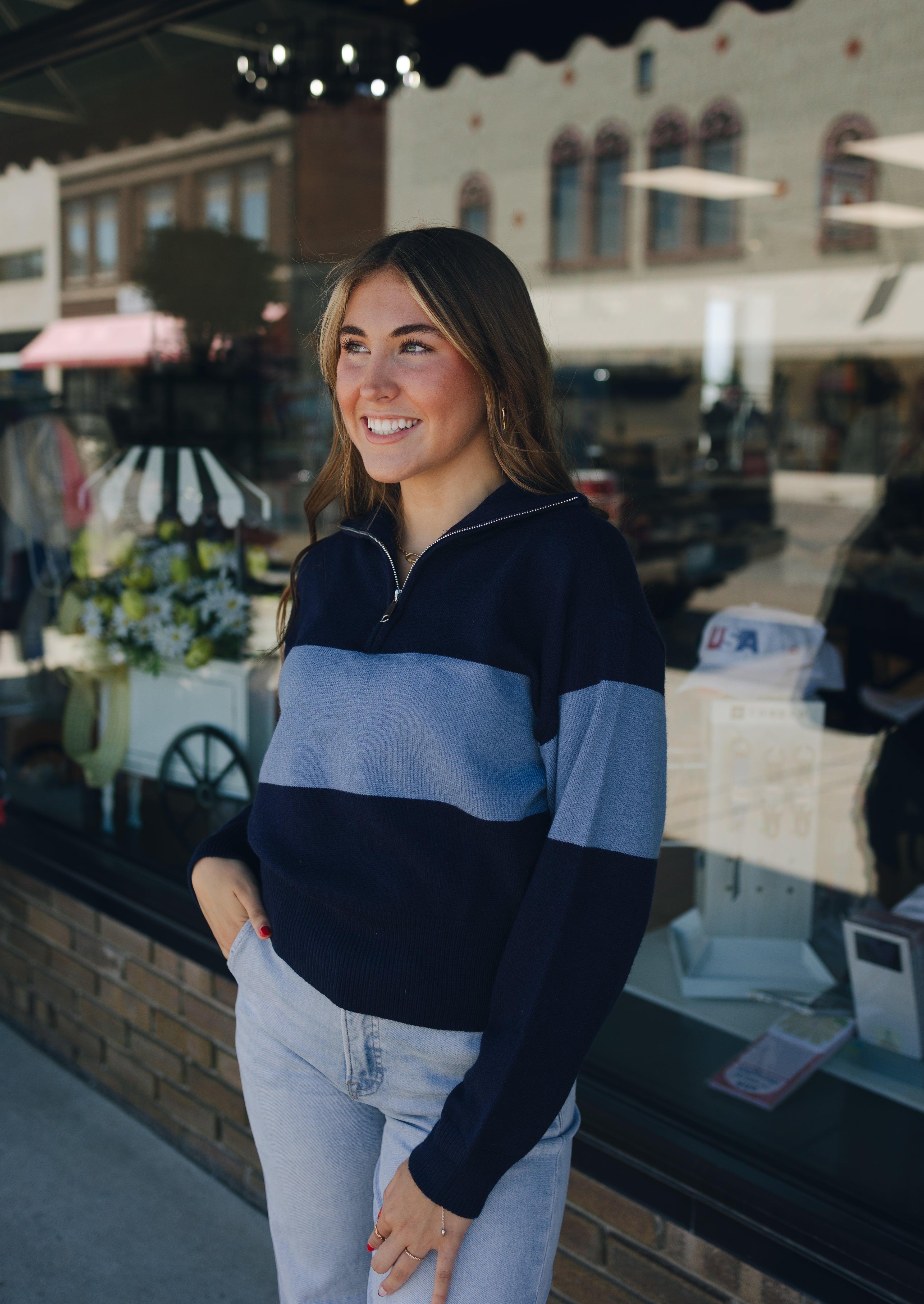 Navy Stripe 1/4 Zip Sweater