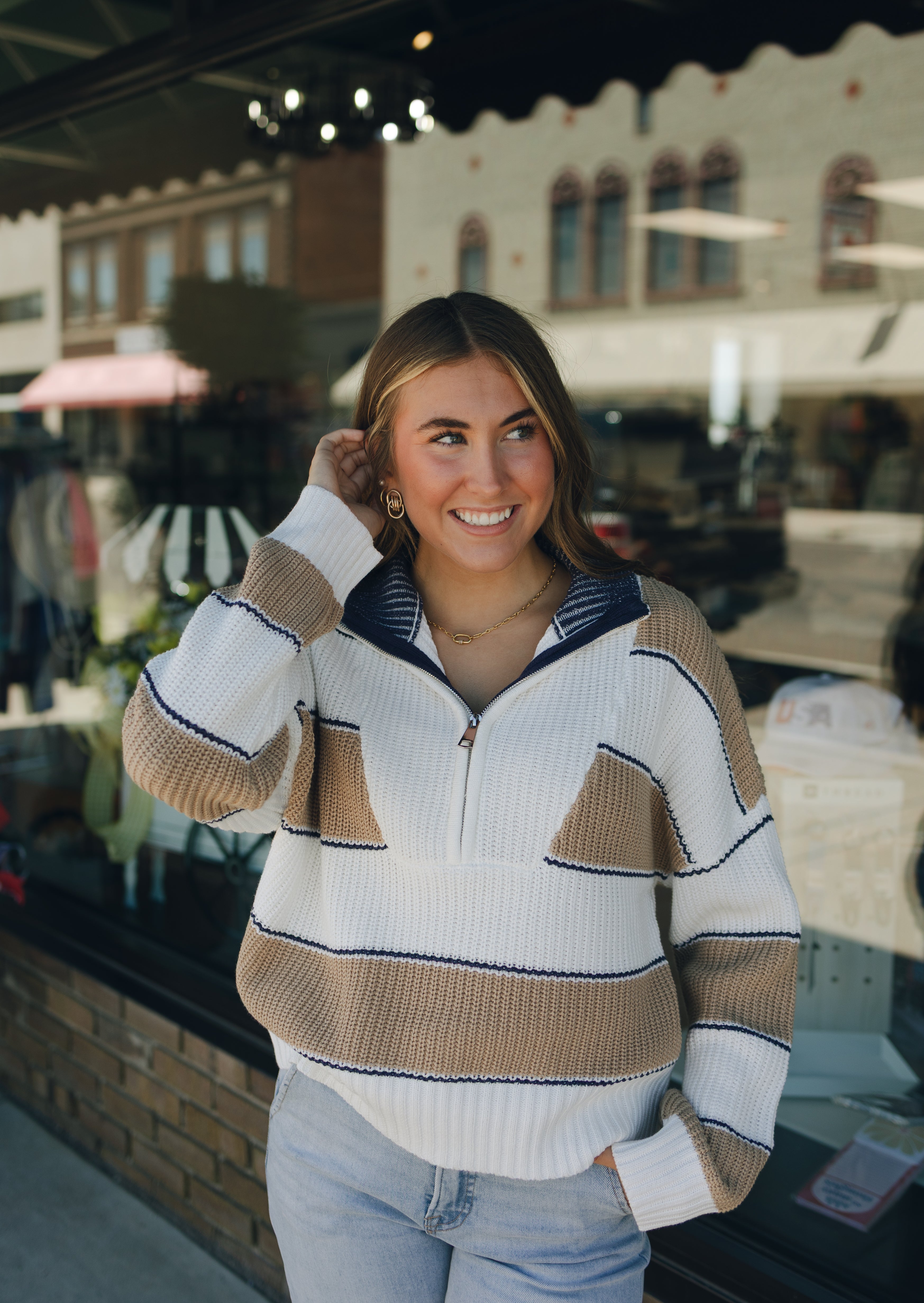 1/4 Zip Camel Stripe Sweater