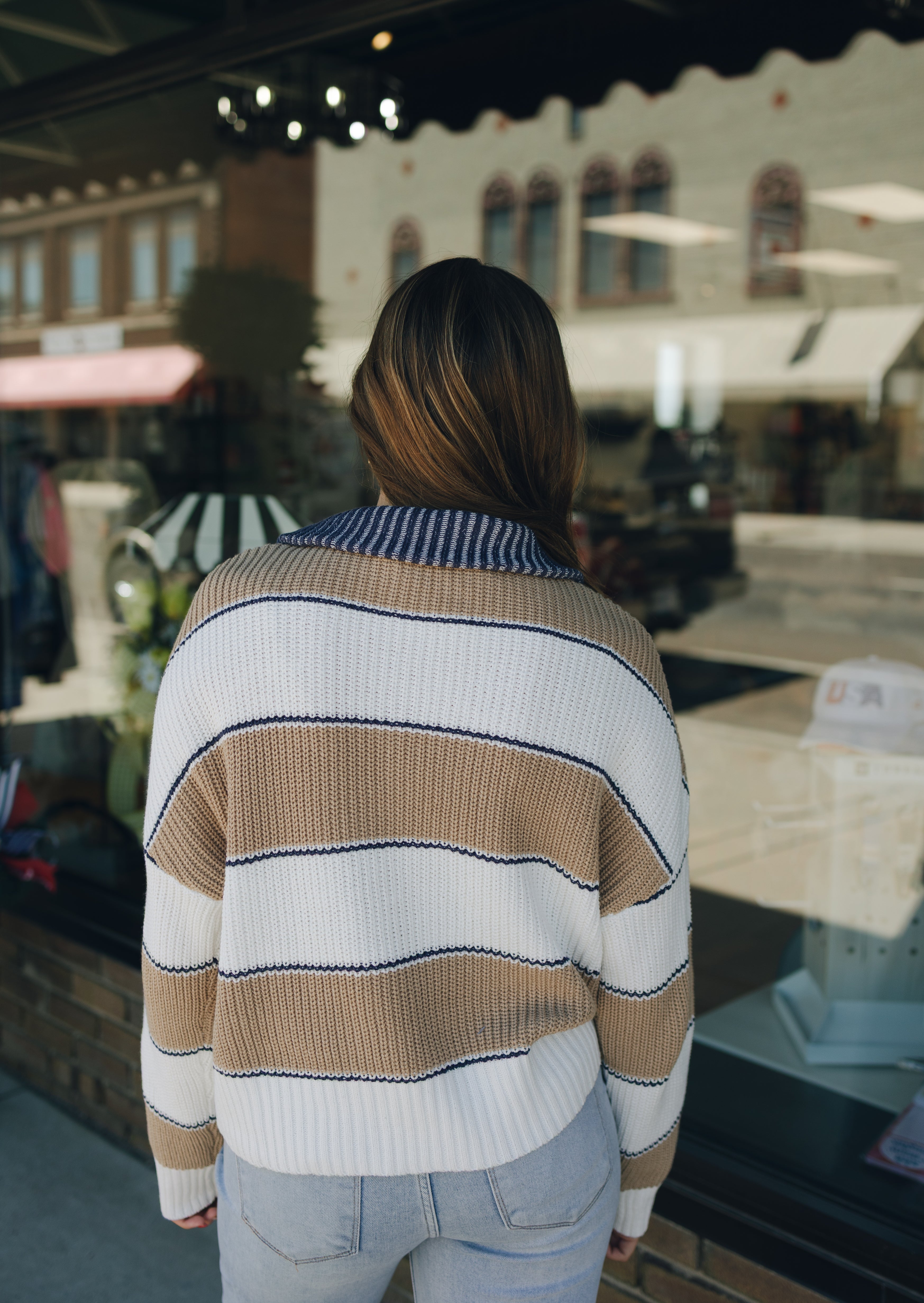 1/4 Zip Camel Stripe Sweater