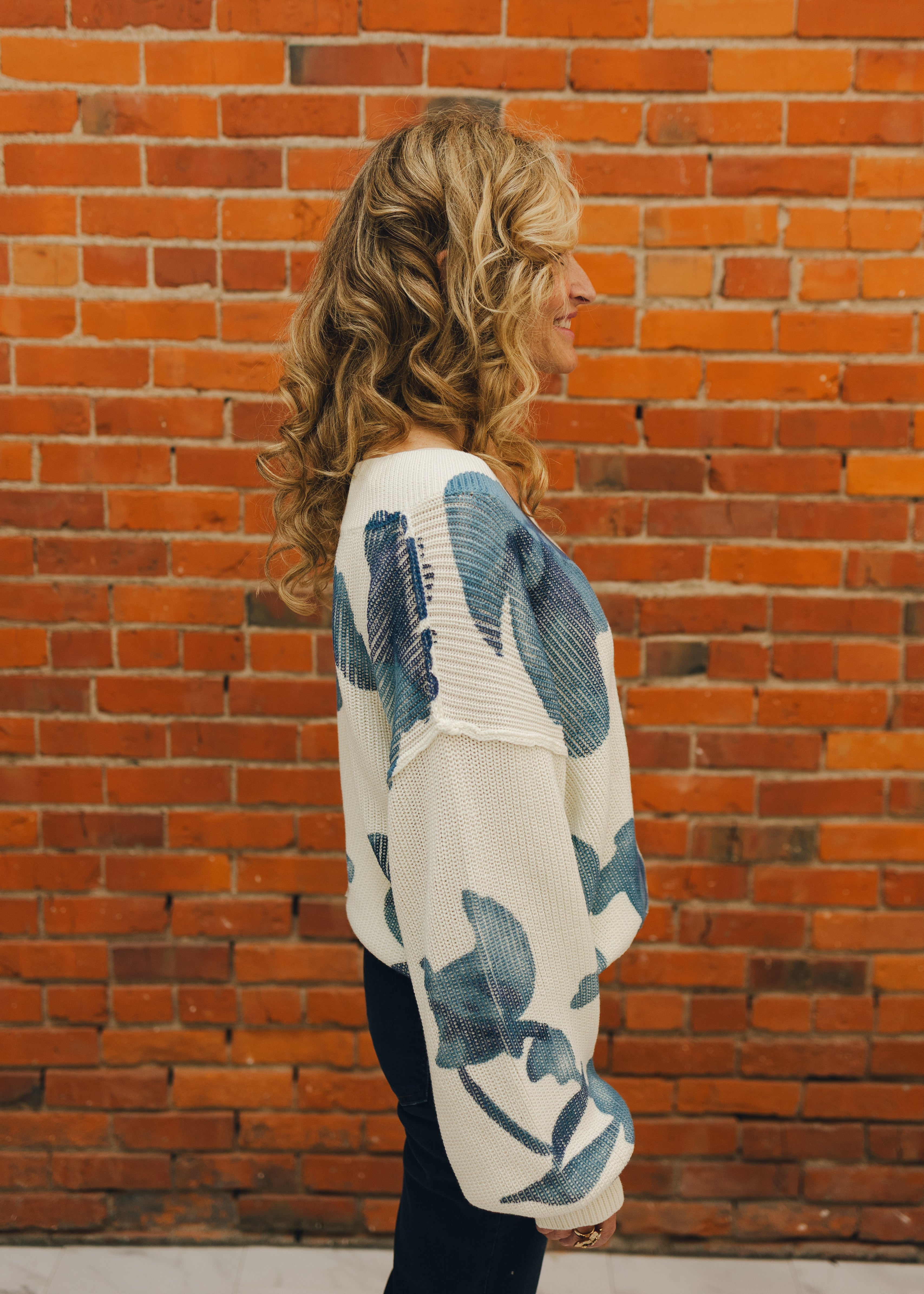 Tribal Puff Sleeve Printed V-Neck Sweater