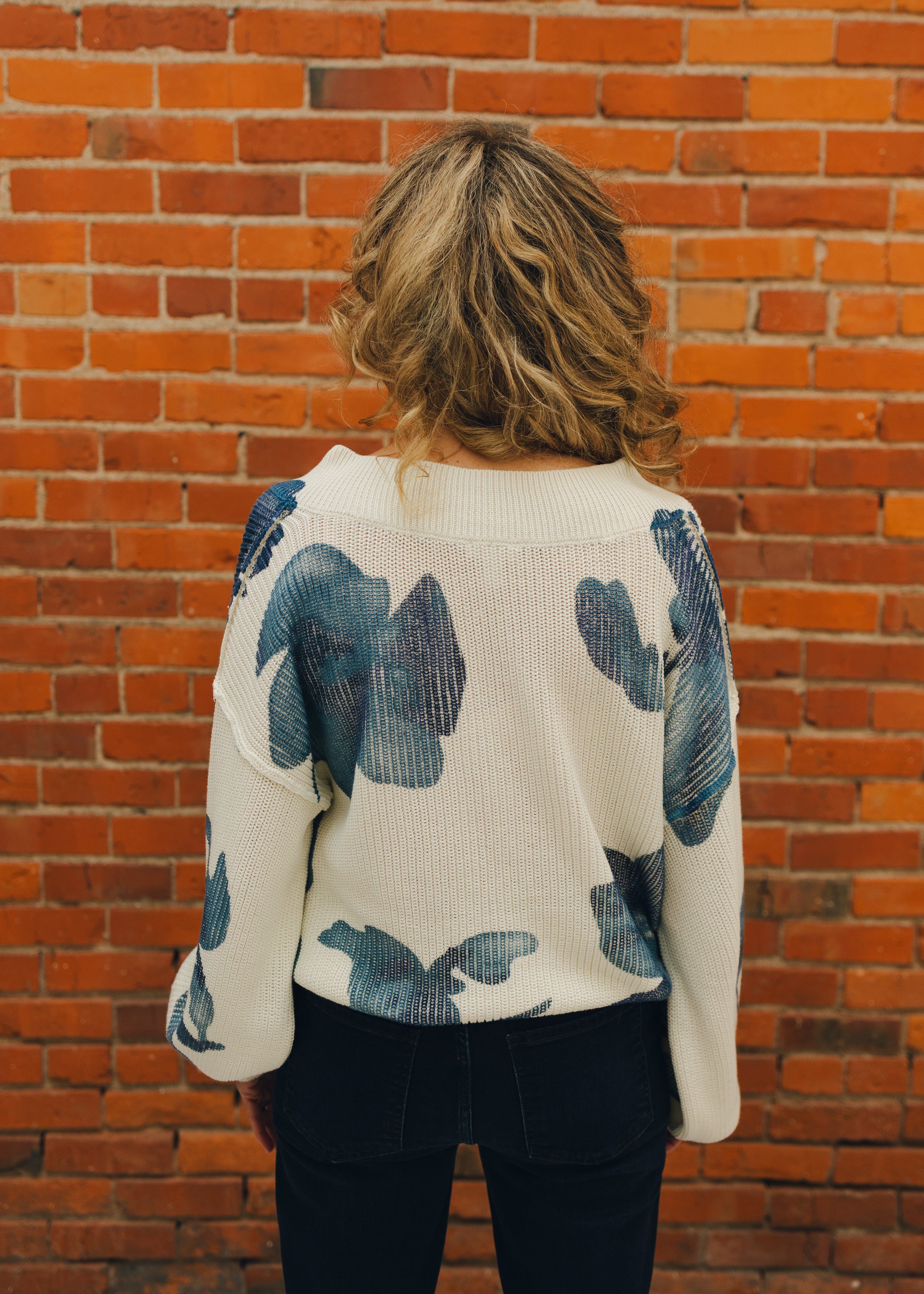 Tribal Puff Sleeve Printed V-Neck Sweater