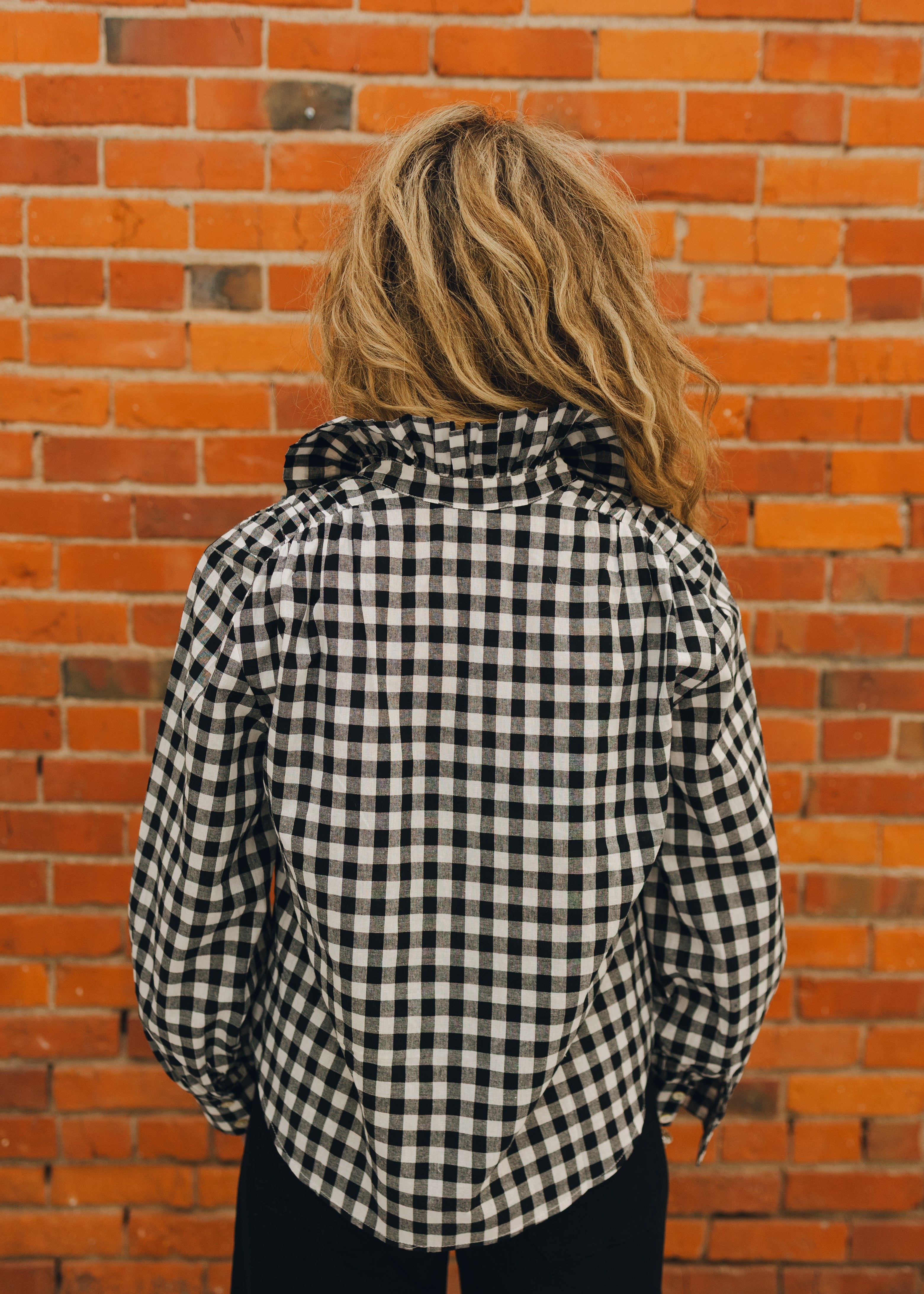 Gingham Check Ruffled Collar Shirt