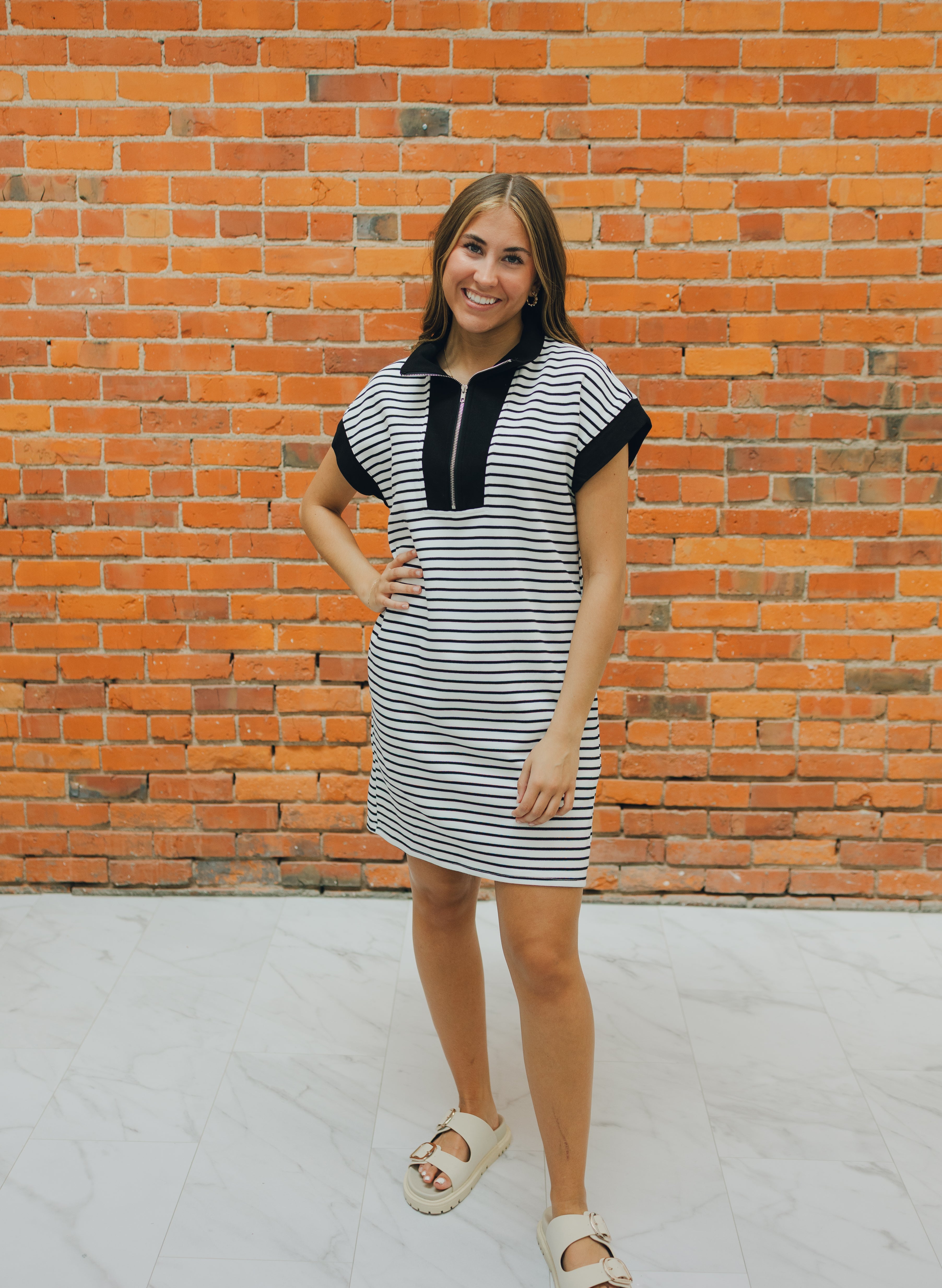 Half Zip Striped Knit Mini Dress