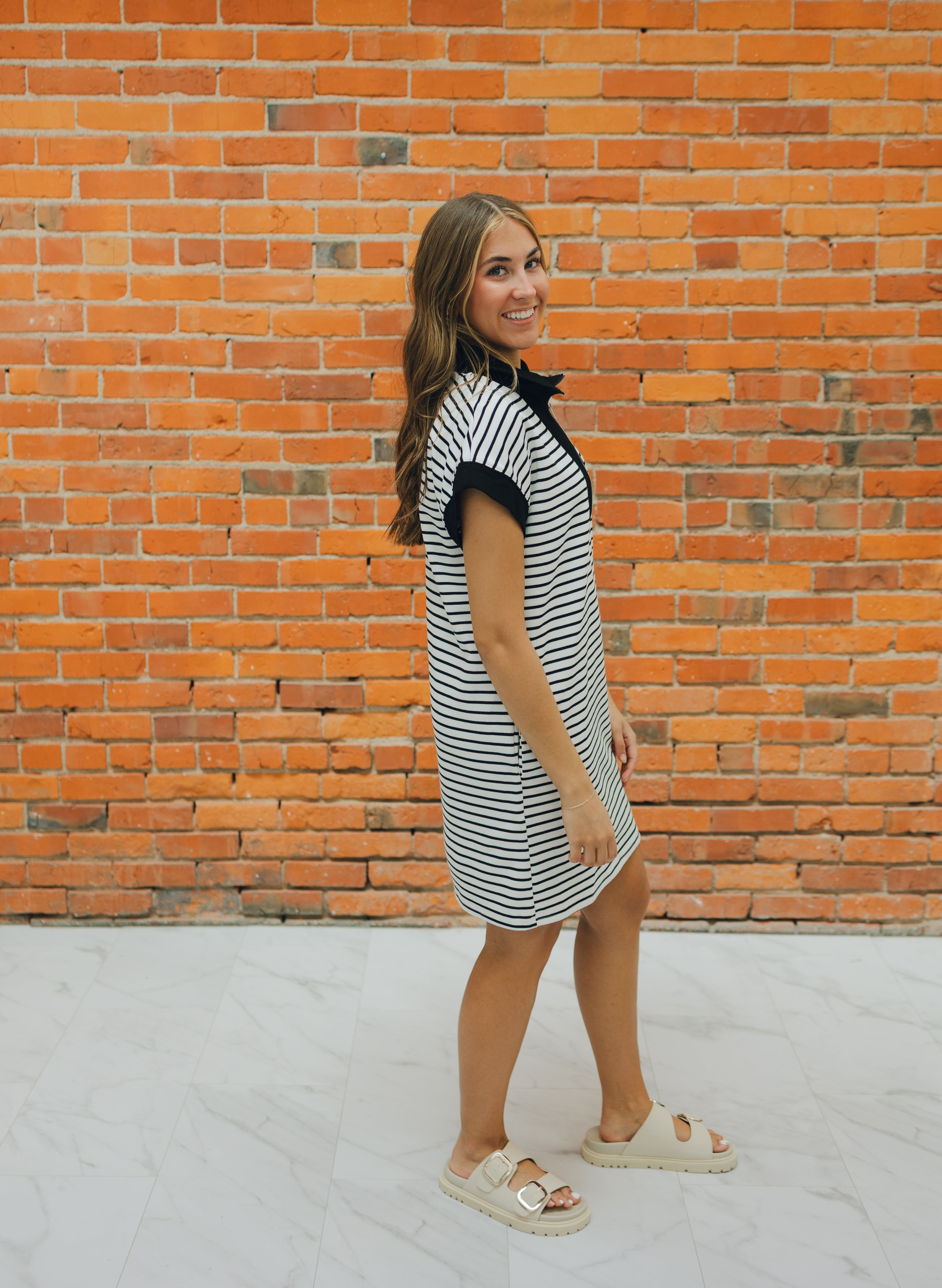 Half Zip Striped Knit Mini Dress