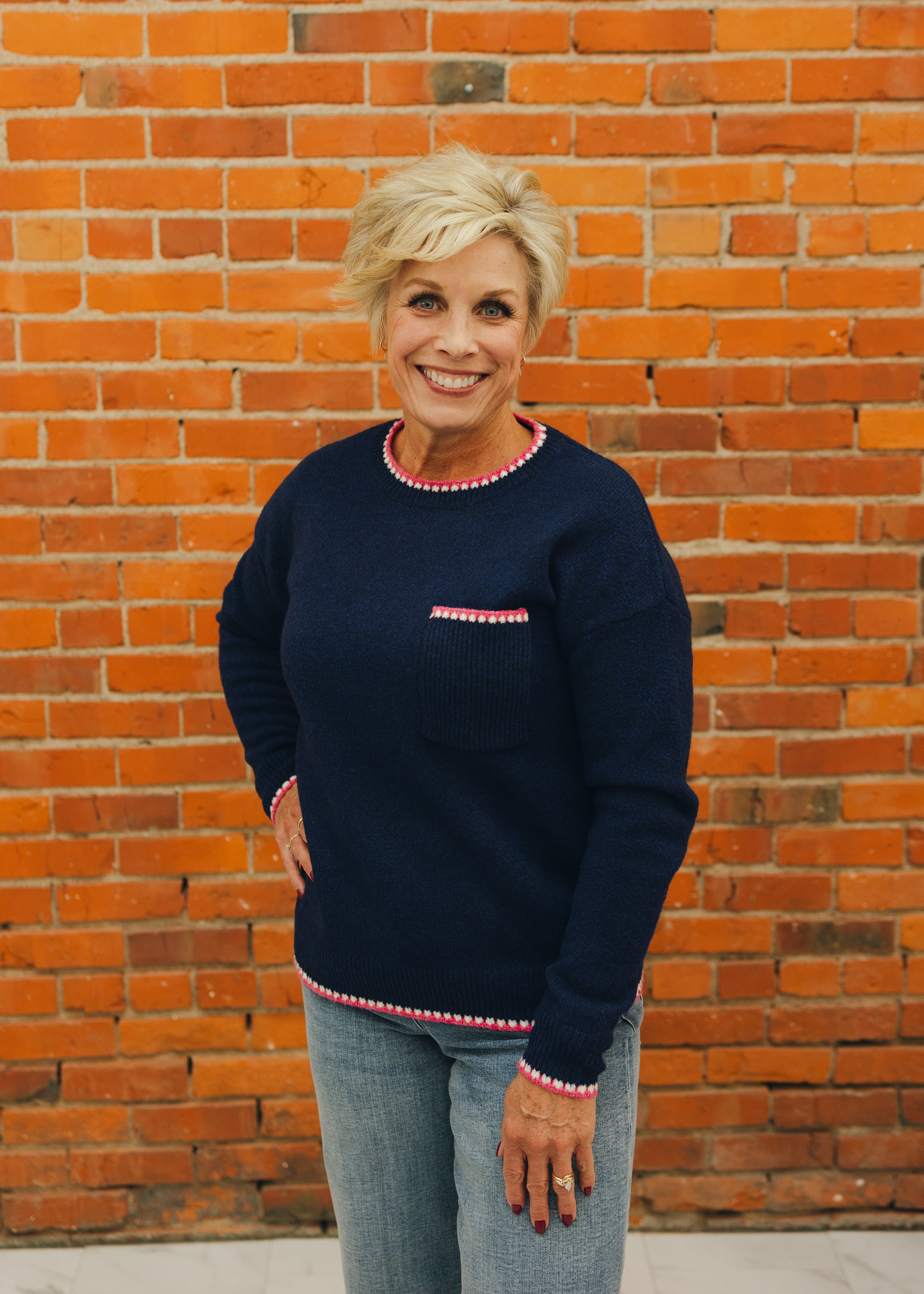 Pop Color Crew Neck Sweater - Navy