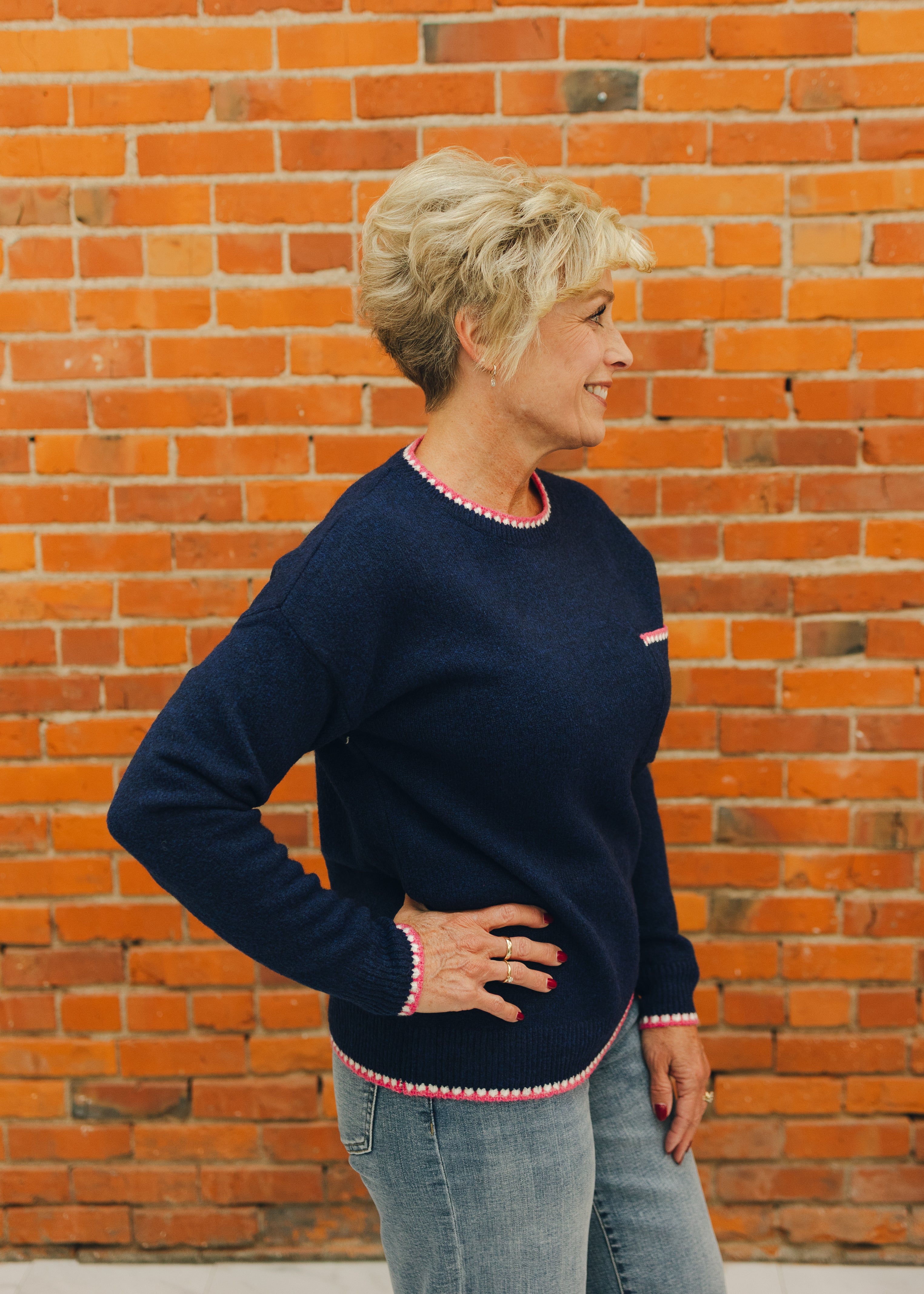 Pop Color Crew Neck Sweater - Navy