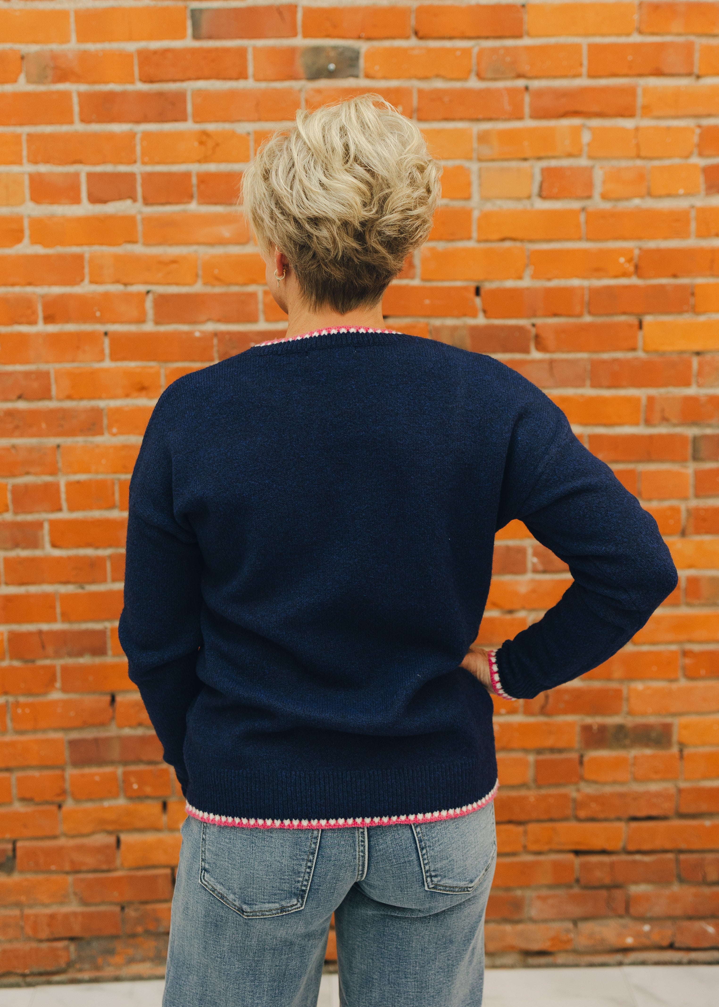 Pop Color Crew Neck Sweater - Navy