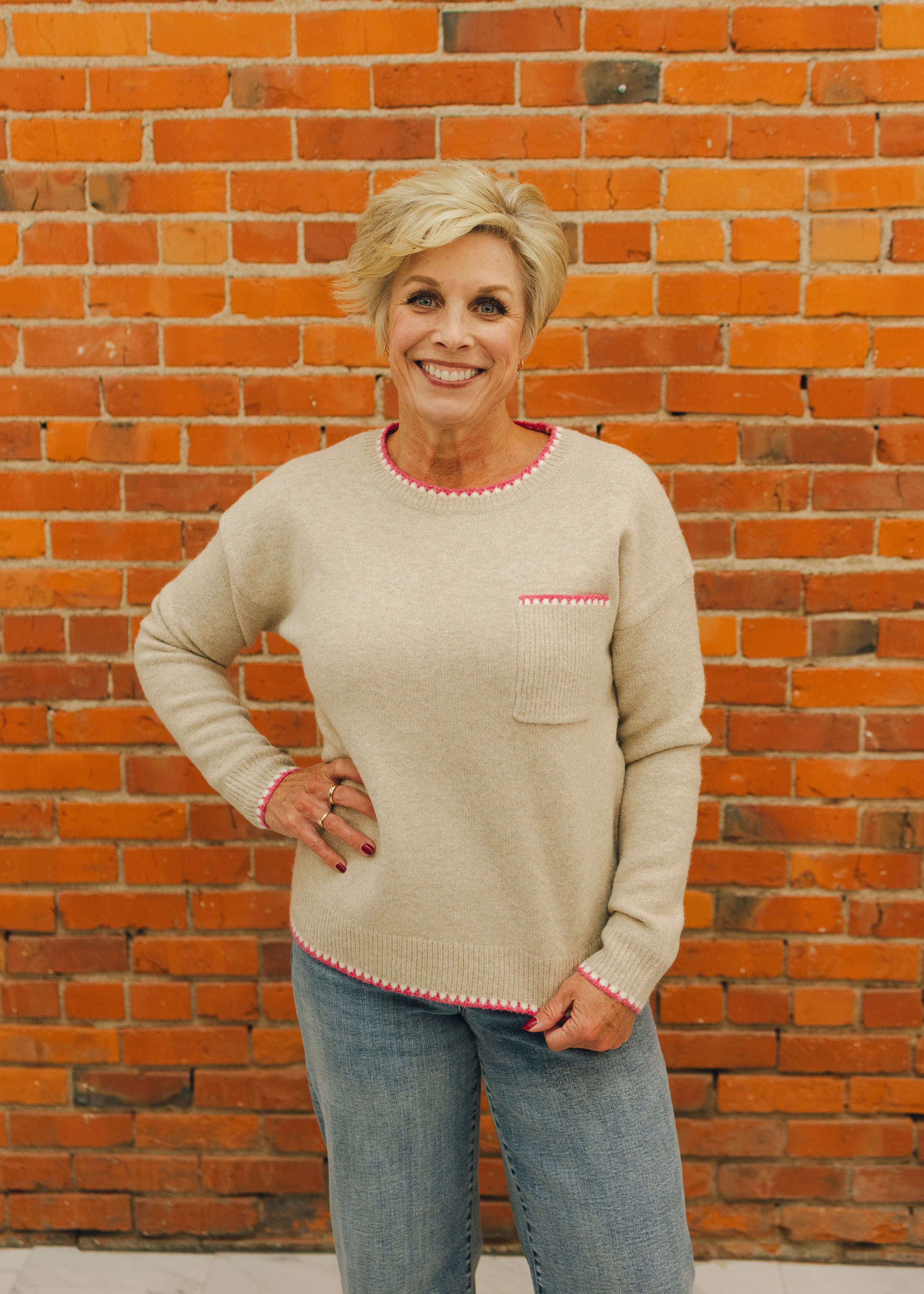 Pop Color Crew Neck Sweater - Taupe